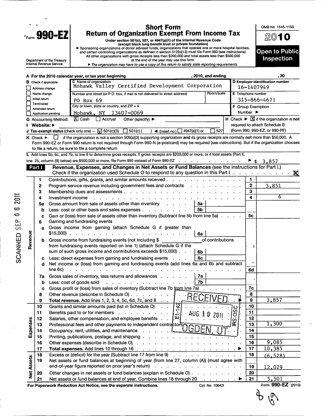 Image of first page of 2010 Form 990EZ for Mohawk Valley Certified Development Corporation