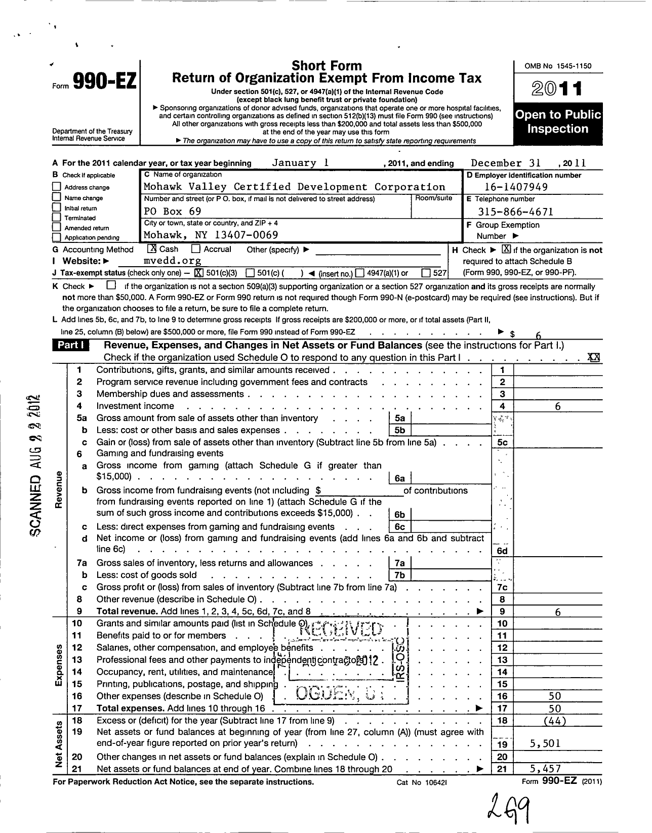 Image of first page of 2011 Form 990EZ for Mohawk Valley Certified Development Corporation