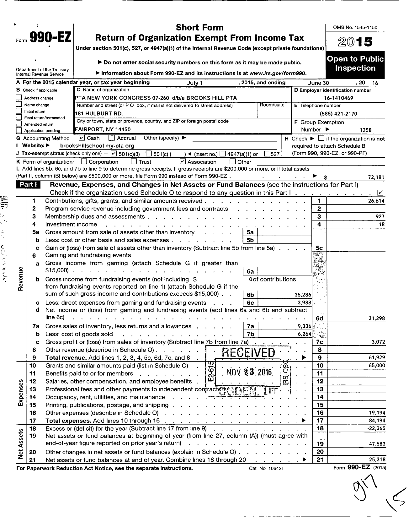 Image of first page of 2015 Form 990EZ for NEW YORK State PTA - 07-260 Brooks Hill PTA