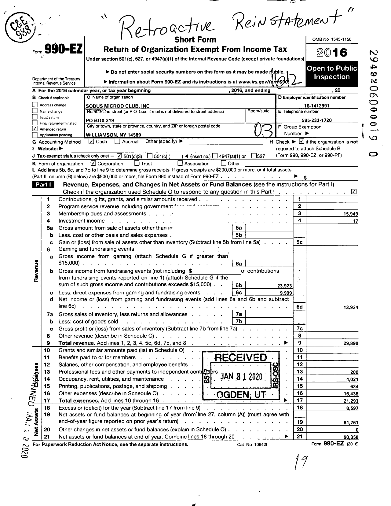 Image of first page of 2016 Form 990EZ for Sodus Microd Club