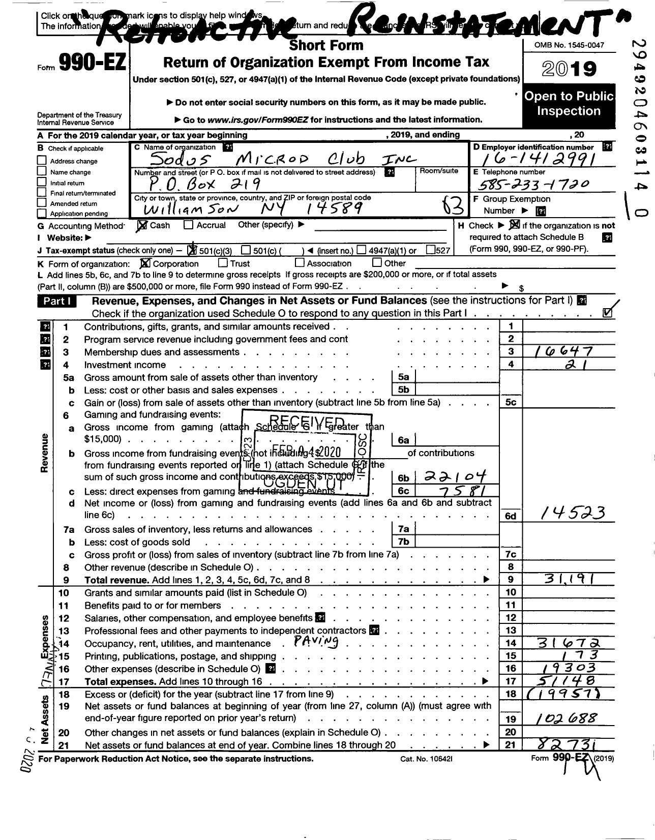 Image of first page of 2019 Form 990EZ for Sodus Microd Club