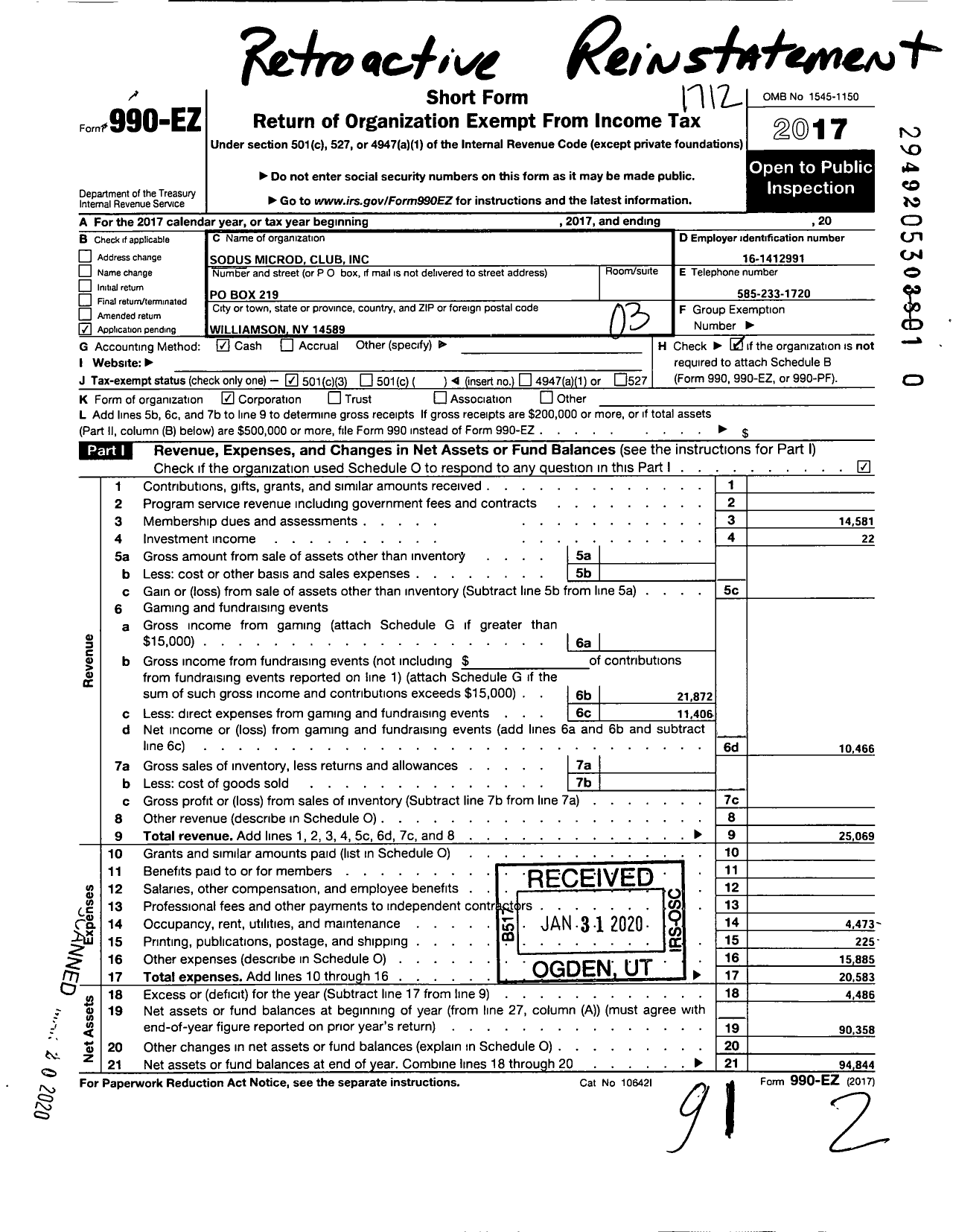 Image of first page of 2017 Form 990EZ for Sodus Microd Club