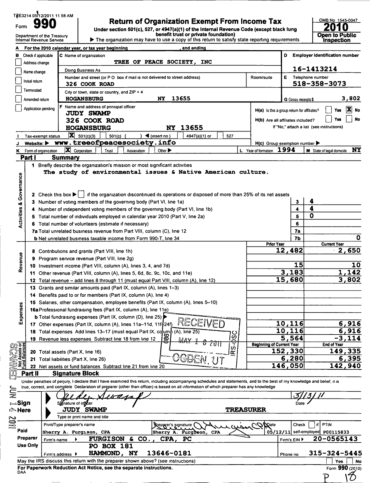 Image of first page of 2010 Form 990 for Tree of Peace Society