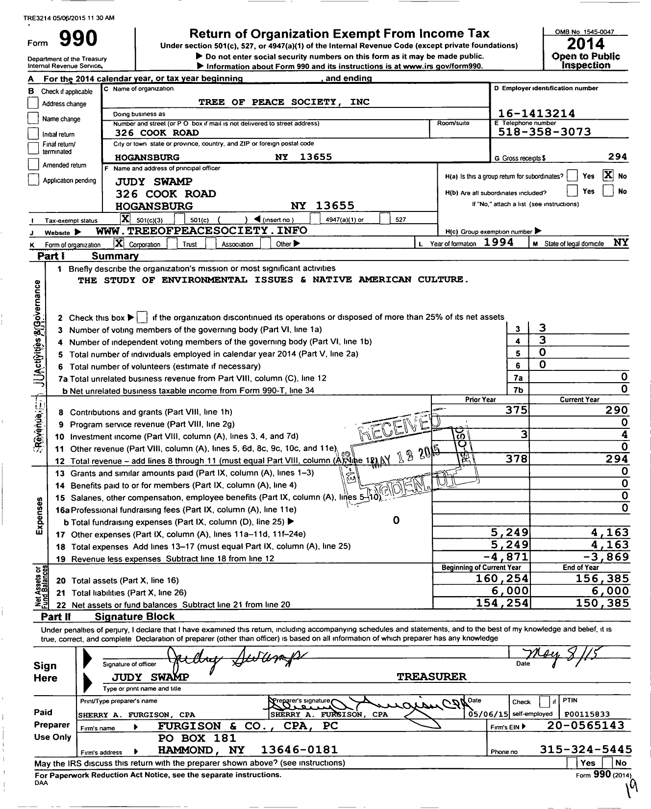 Image of first page of 2014 Form 990 for Tree of Peace Society