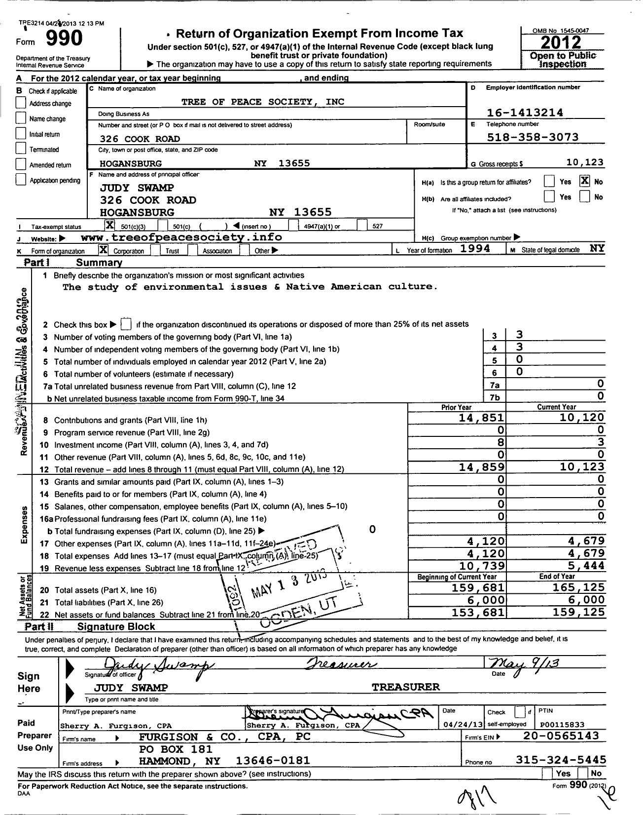 Image of first page of 2012 Form 990 for Tree of Peace Society