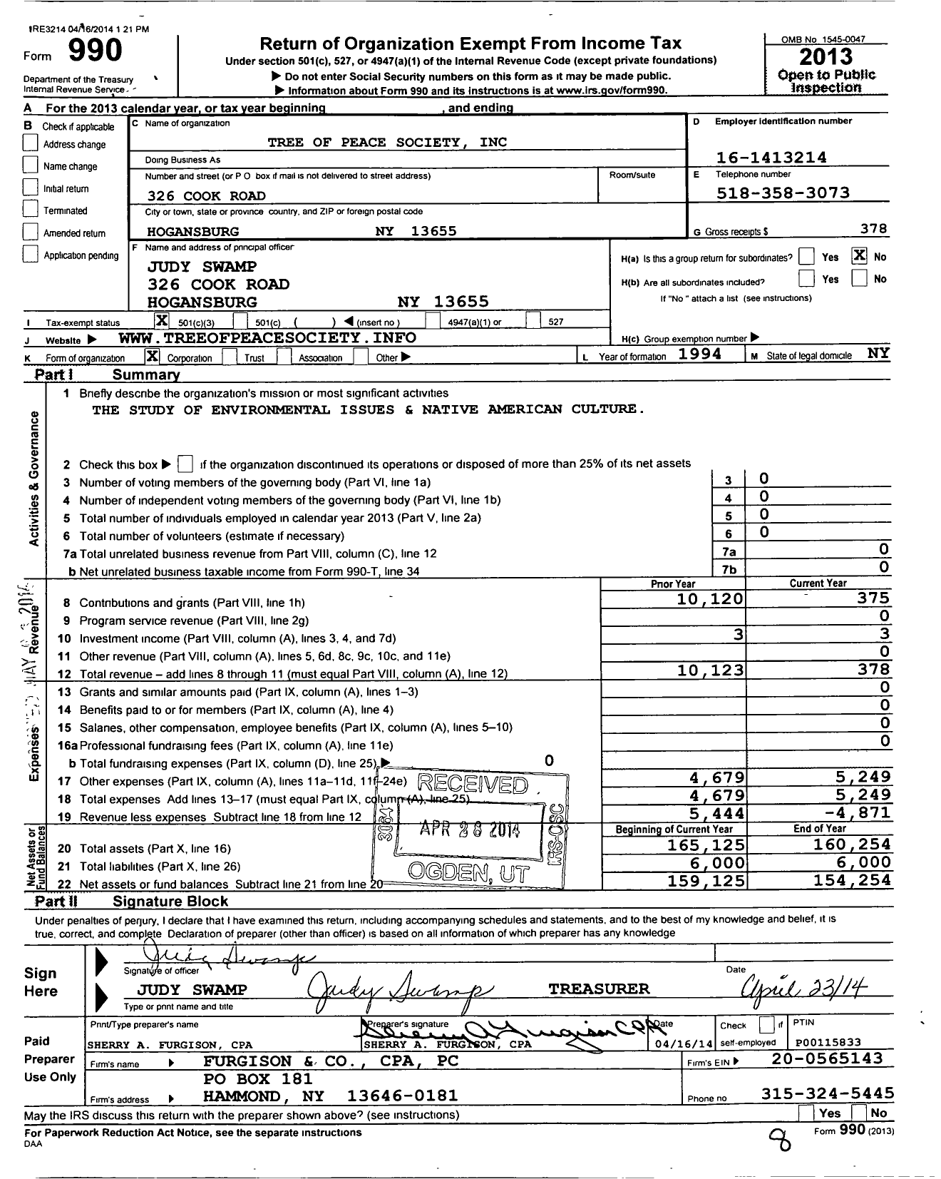 Image of first page of 2013 Form 990 for Tree of Peace Society