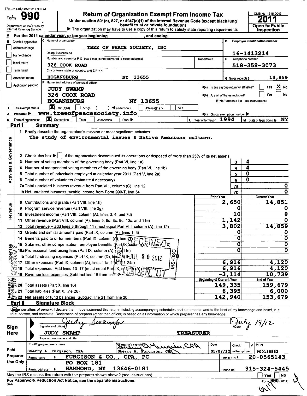 Image of first page of 2011 Form 990 for Tree of Peace Society