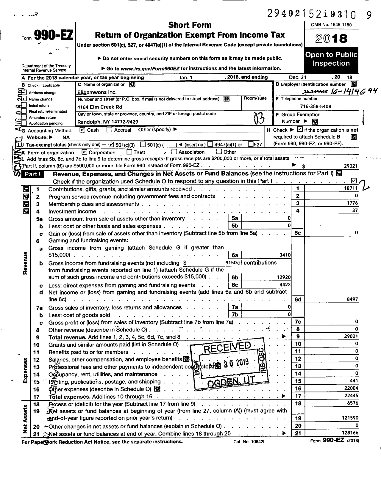 Image of first page of 2018 Form 990EZ for Elibomwons