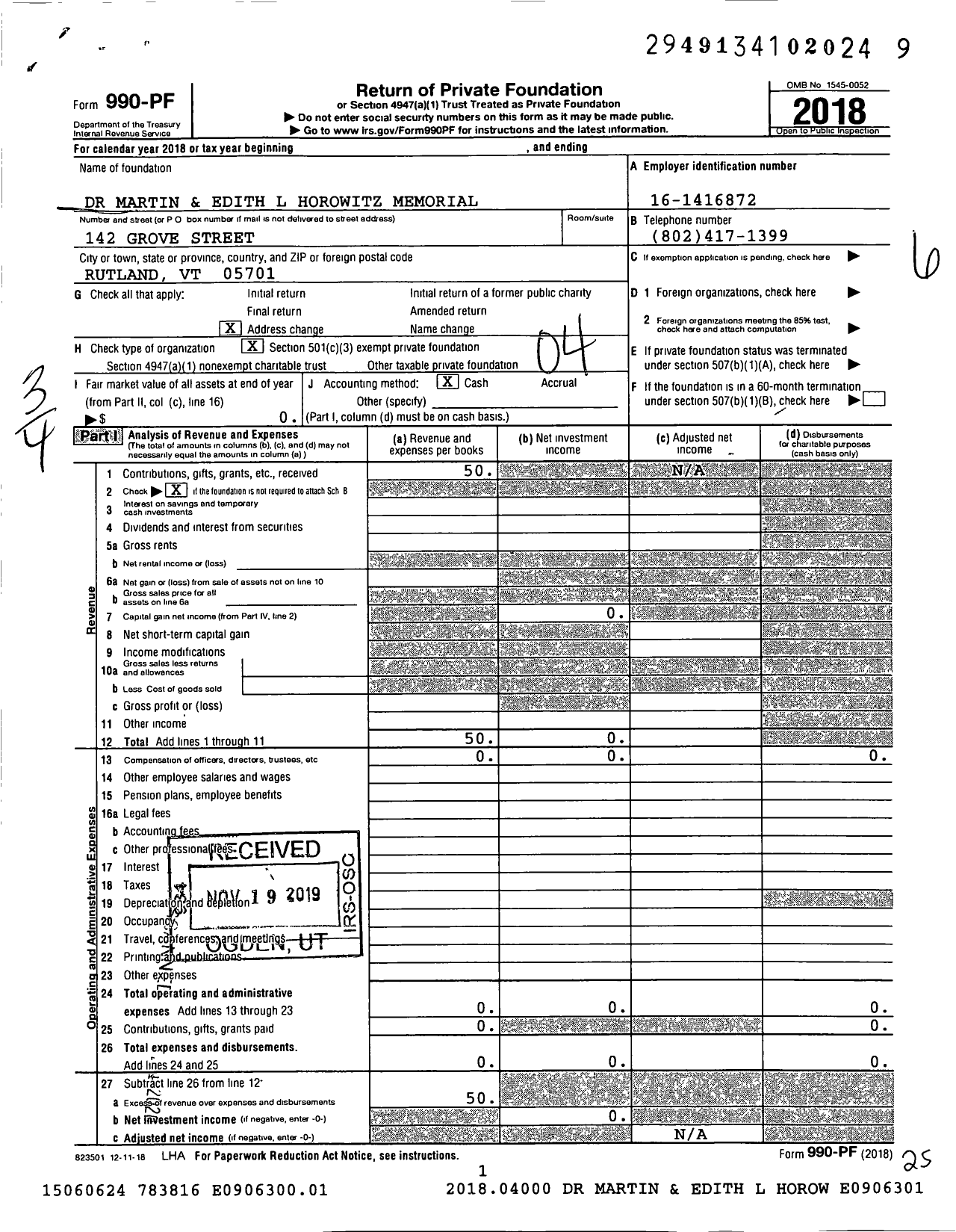 Image of first page of 2018 Form 990PF for Dr Martin and Edith Horowitz Memorial