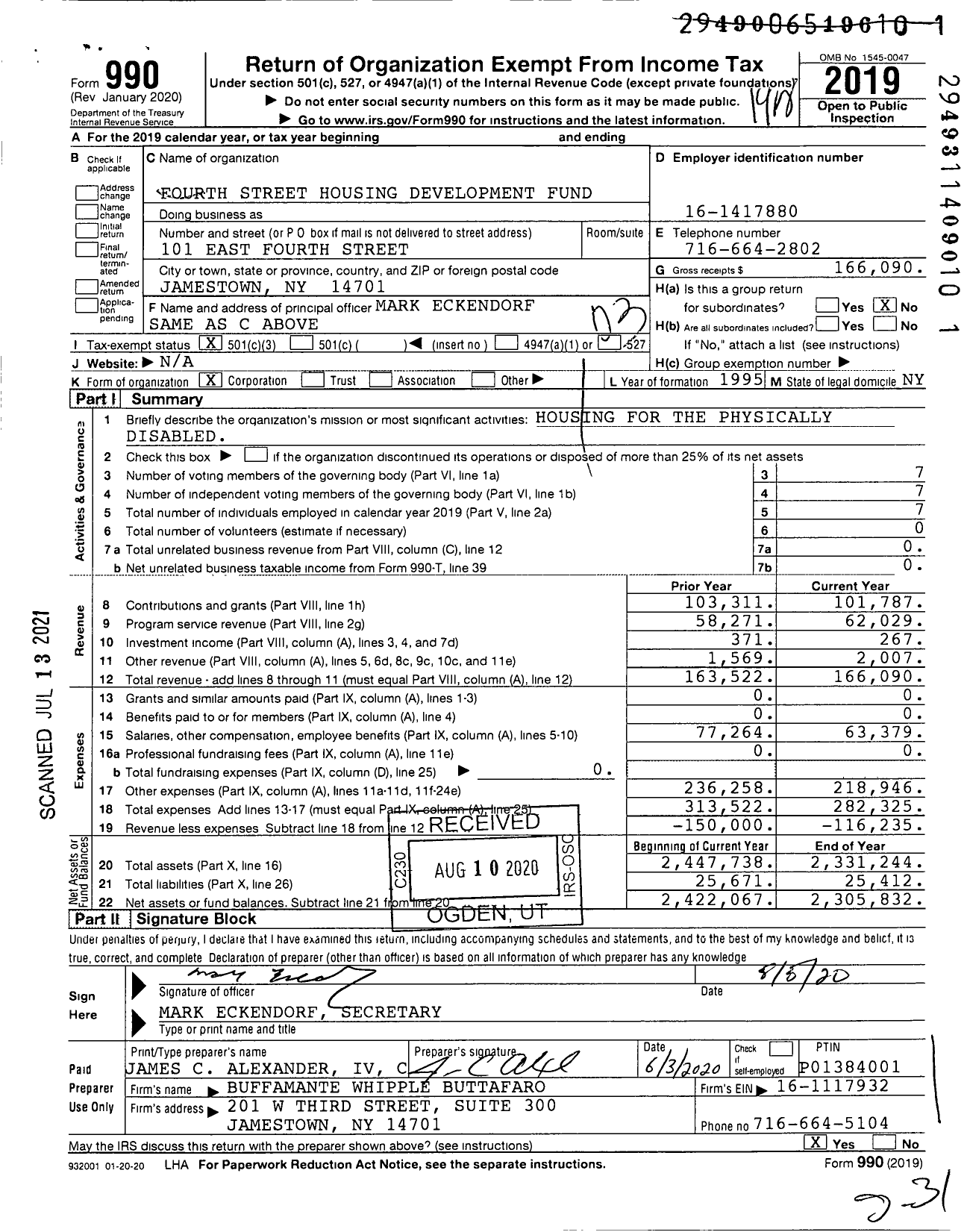 Image of first page of 2019 Form 990 for Fourth Street Housing Development Fund