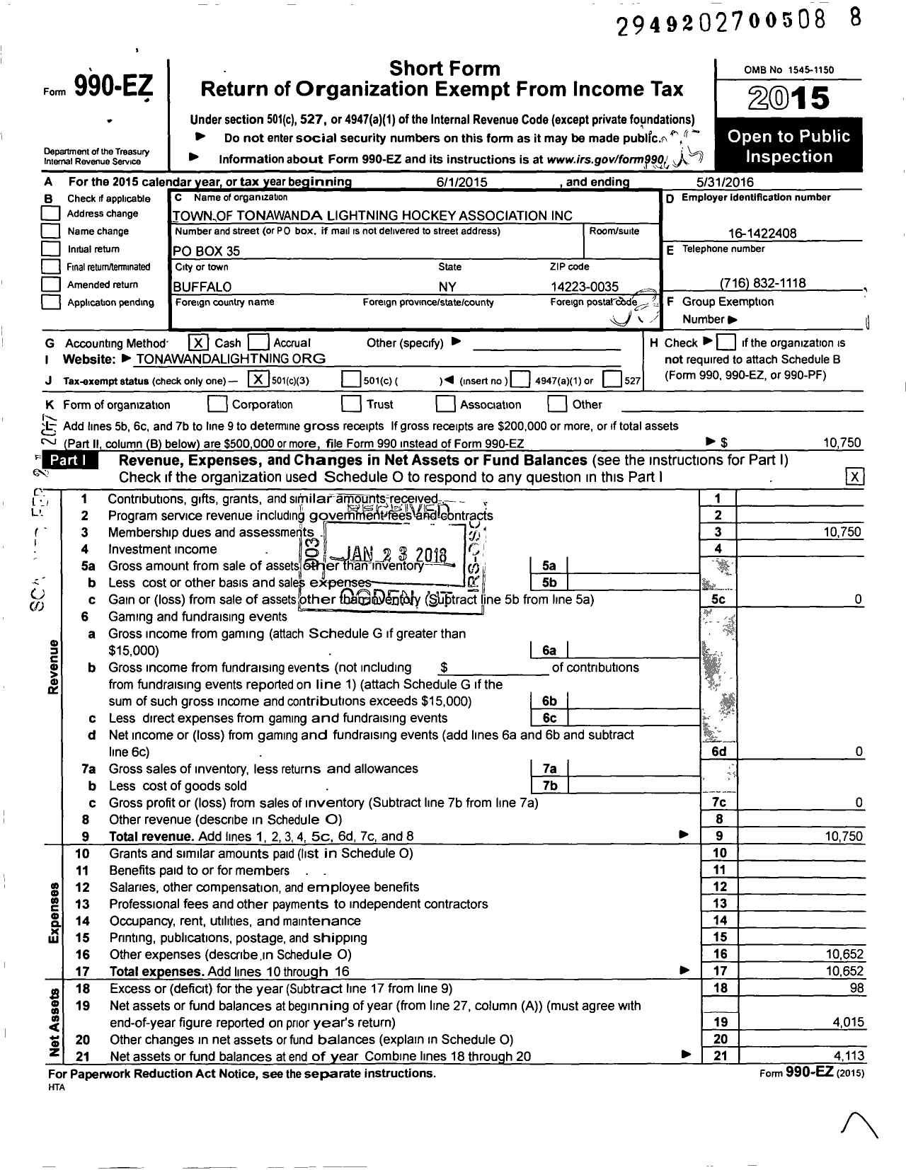 Image of first page of 2015 Form 990EZ for Town of Tonawanda Lightning Hockey Association