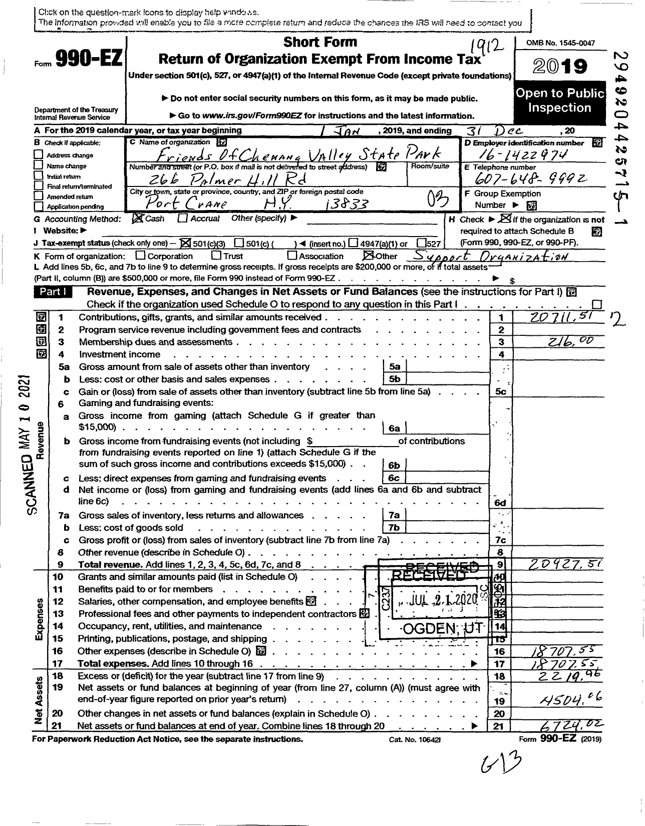 Image of first page of 2019 Form 990EZ for Friends of Chenango Valley State Park