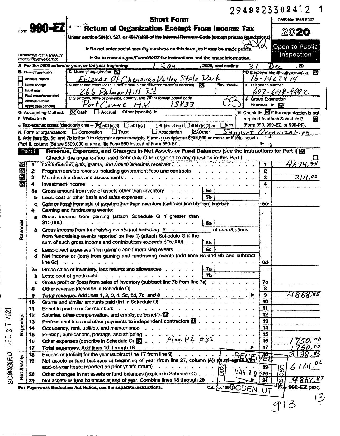 Image of first page of 2020 Form 990EZ for Friends of Chenango Valley State Park