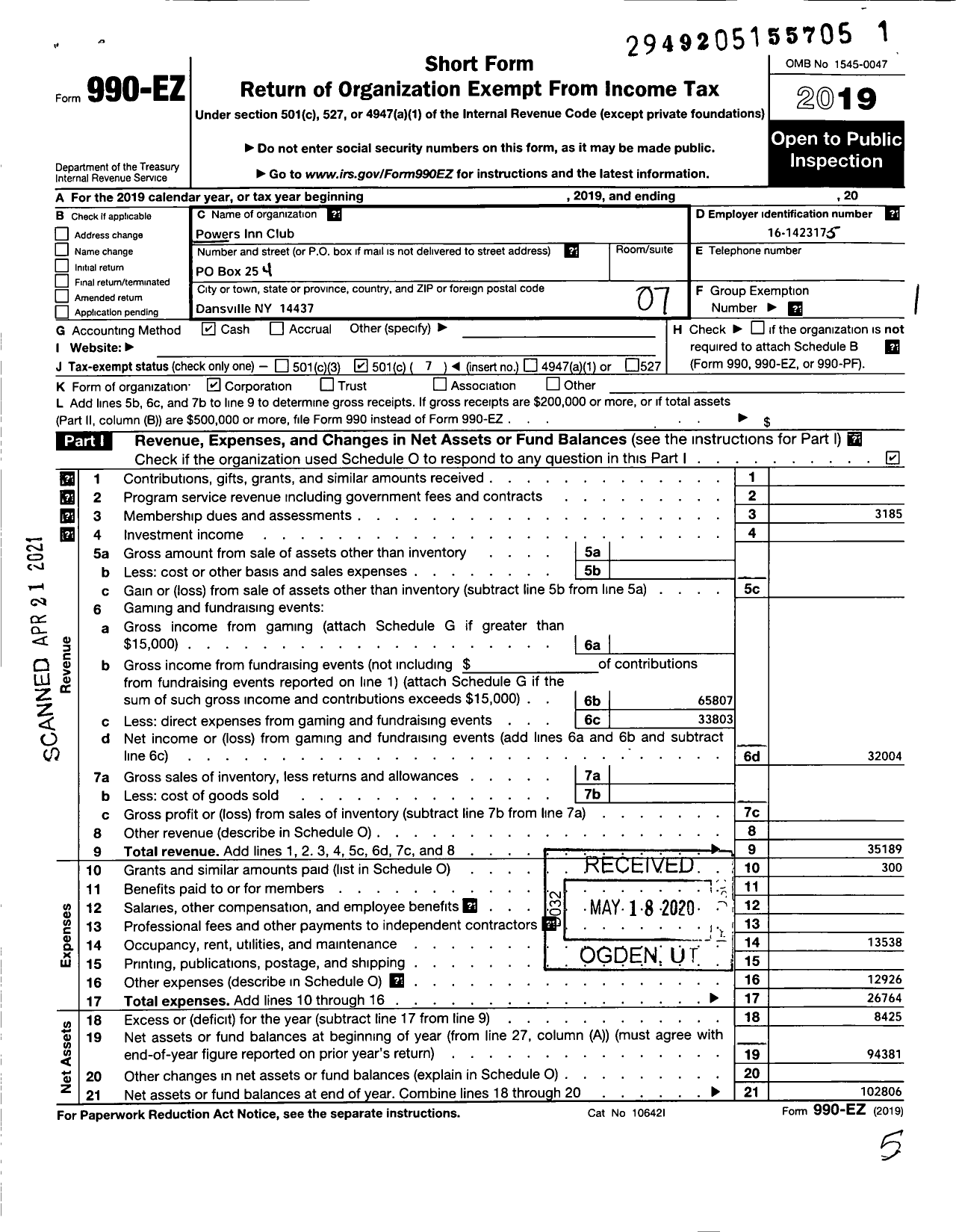 Image of first page of 2019 Form 990EO for Powers Inn Club