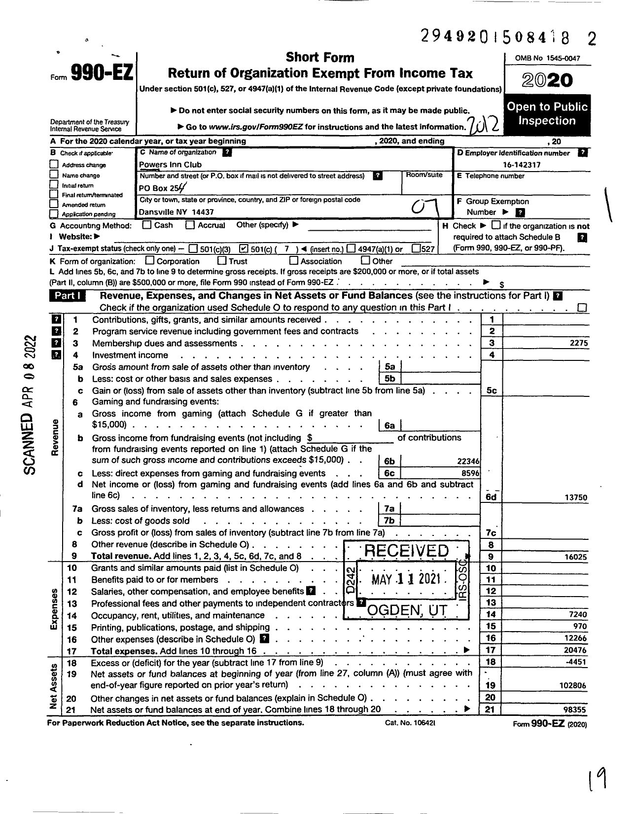 Image of first page of 2020 Form 990EO for Powers Inn Club