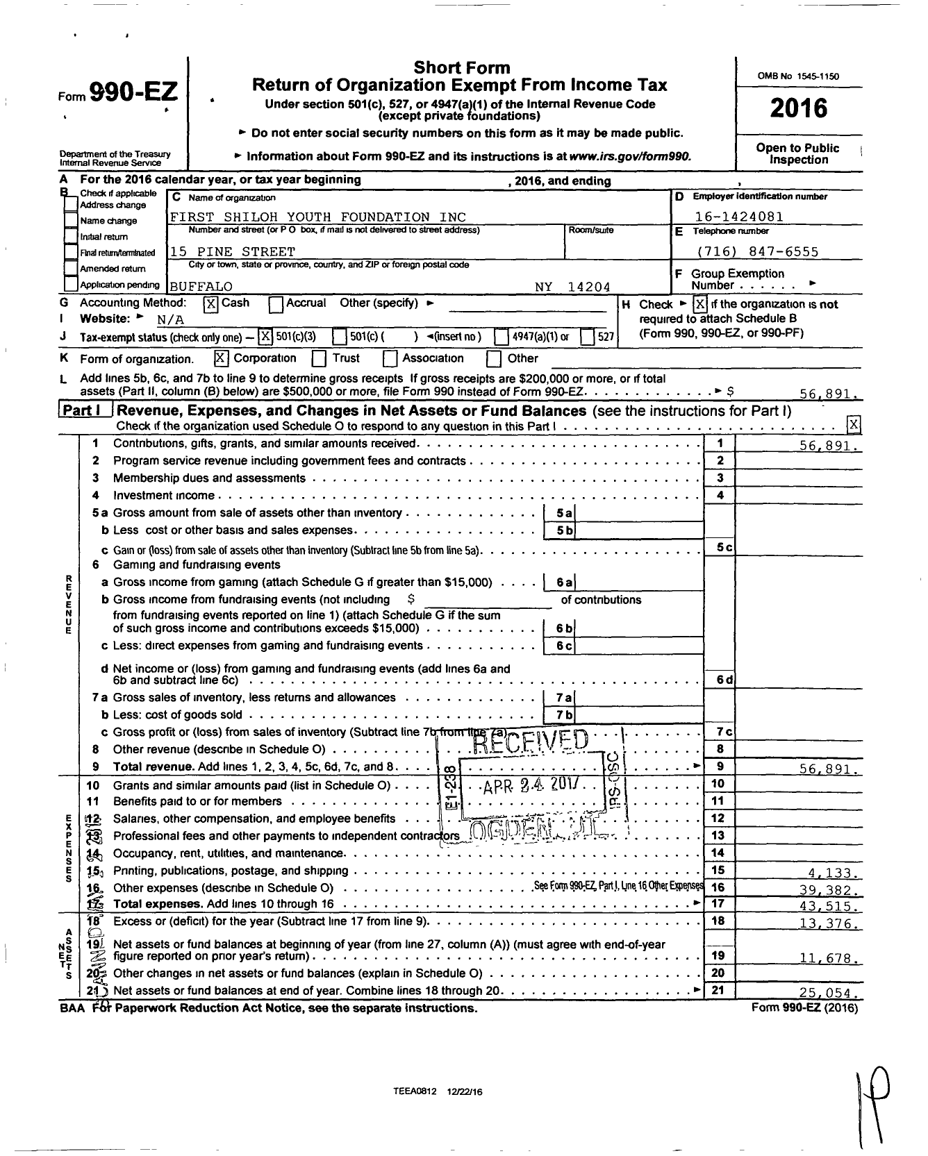 Image of first page of 2016 Form 990EZ for First Shiloh Youth Foundation