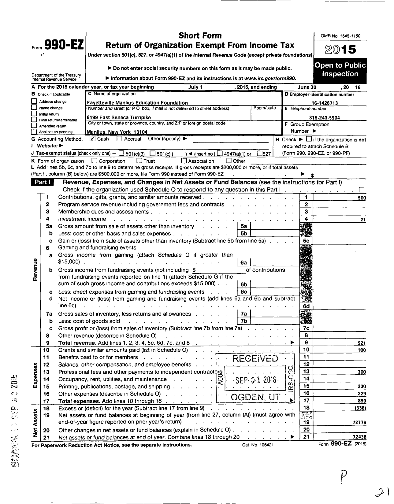 Image of first page of 2015 Form 990EO for Fayetteville Manlius Education Foundation