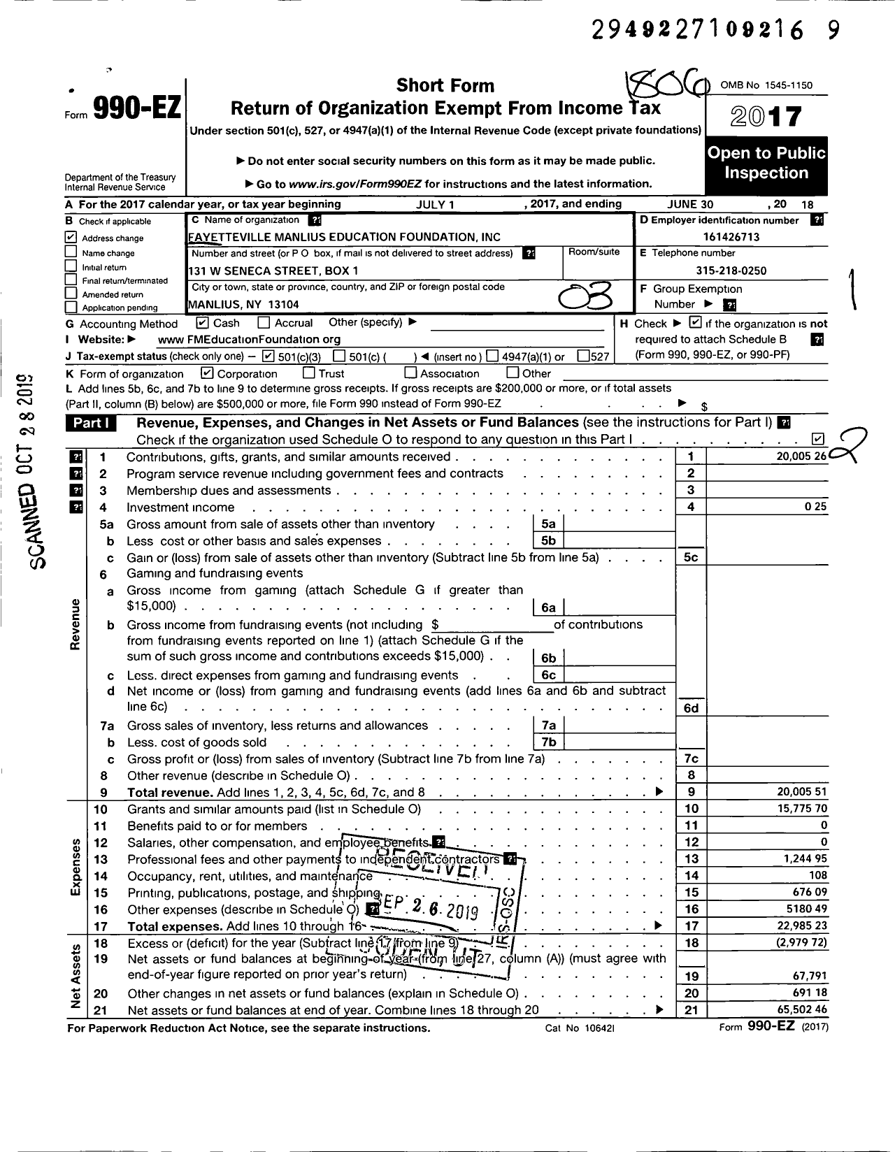 Image of first page of 2017 Form 990EZ for Fayetteville Manlius Education Foundation