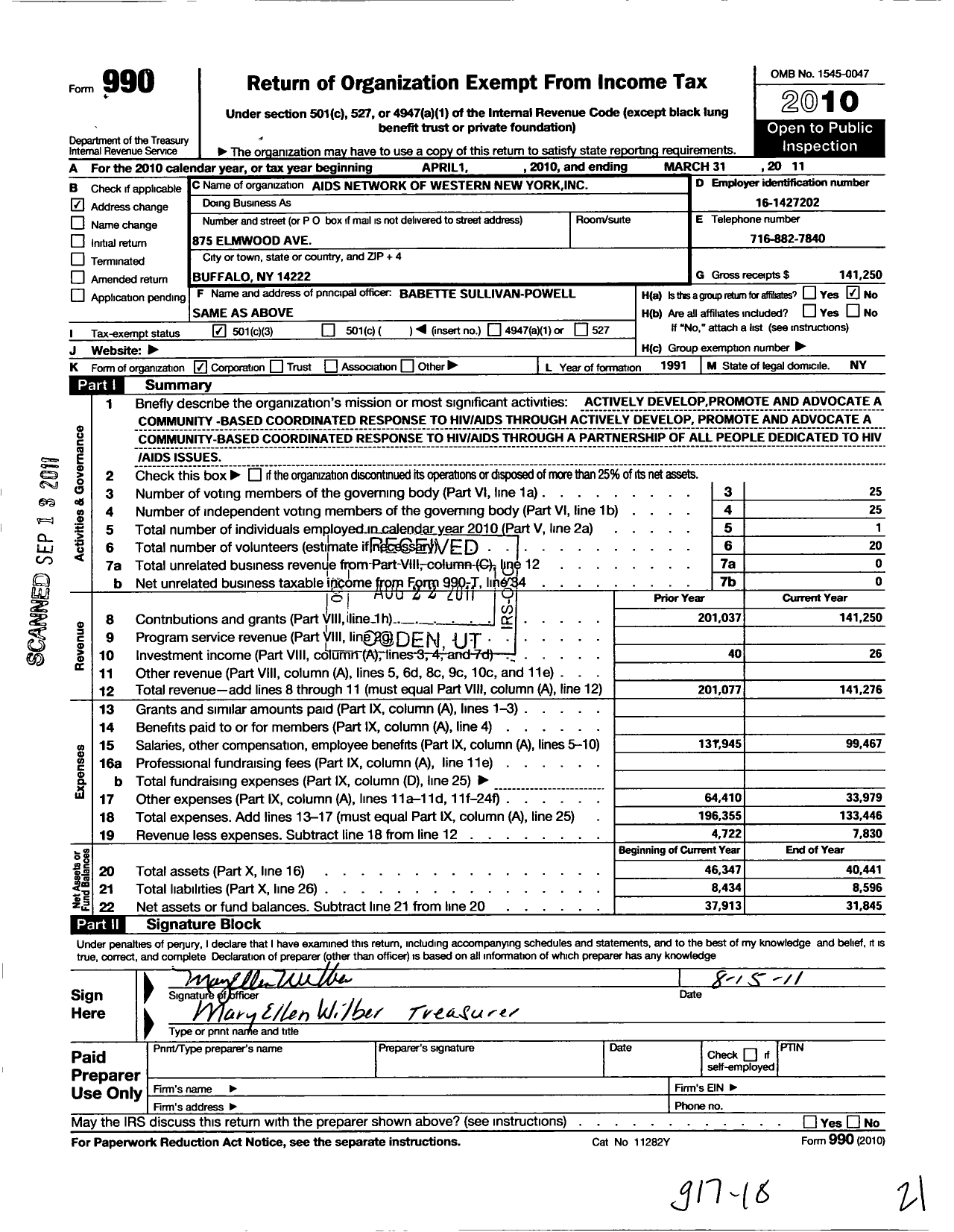 Image of first page of 2010 Form 990 for Aids Network of Western New York