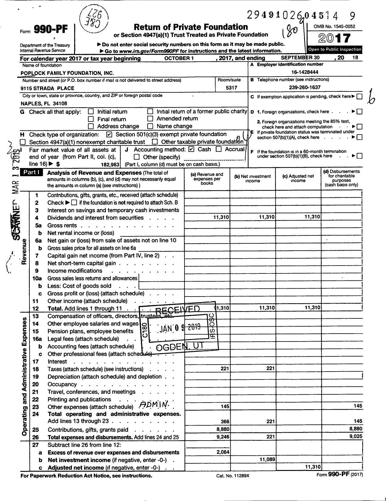 Image of first page of 2017 Form 990PF for Poplock Family Foundation