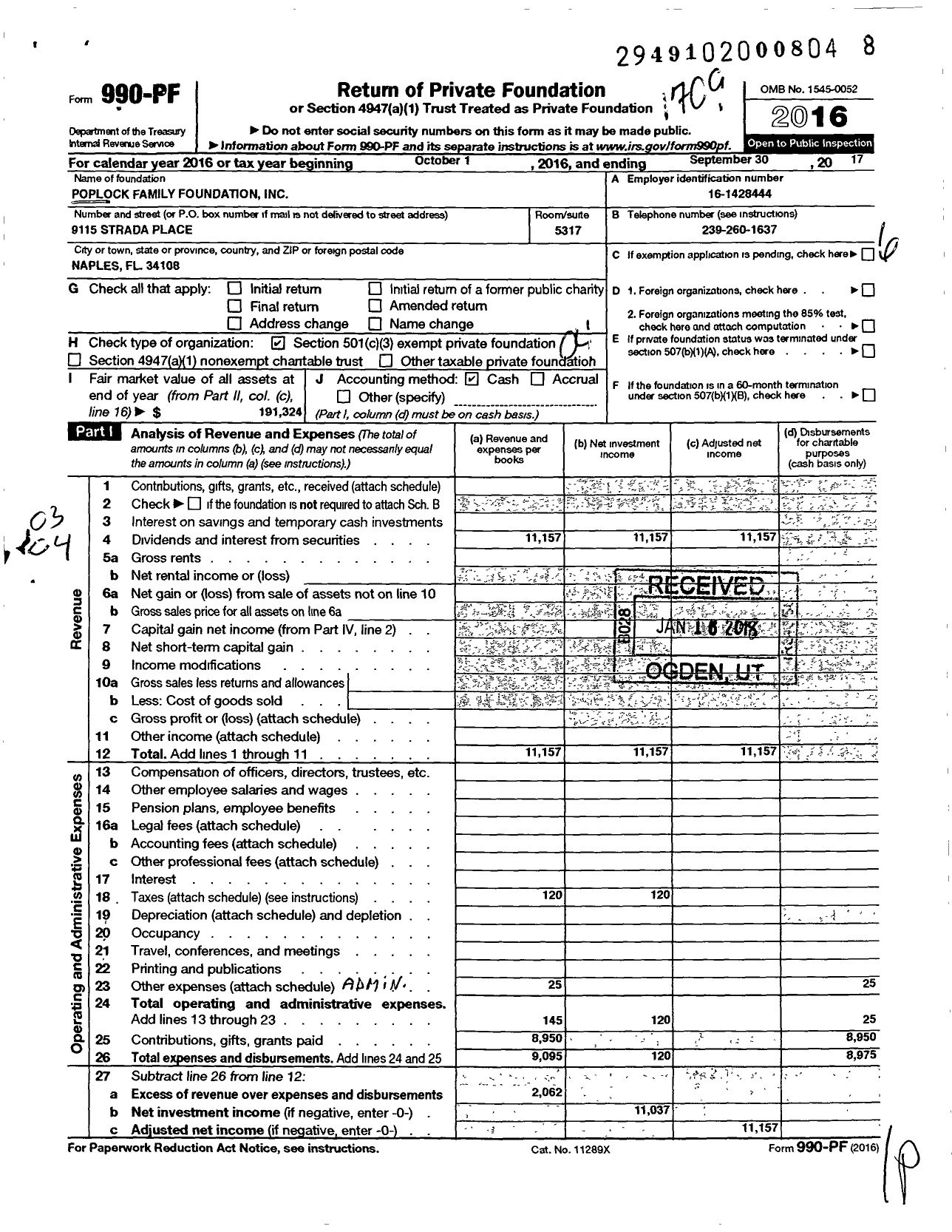 Image of first page of 2016 Form 990PF for Poplock Family Foundation