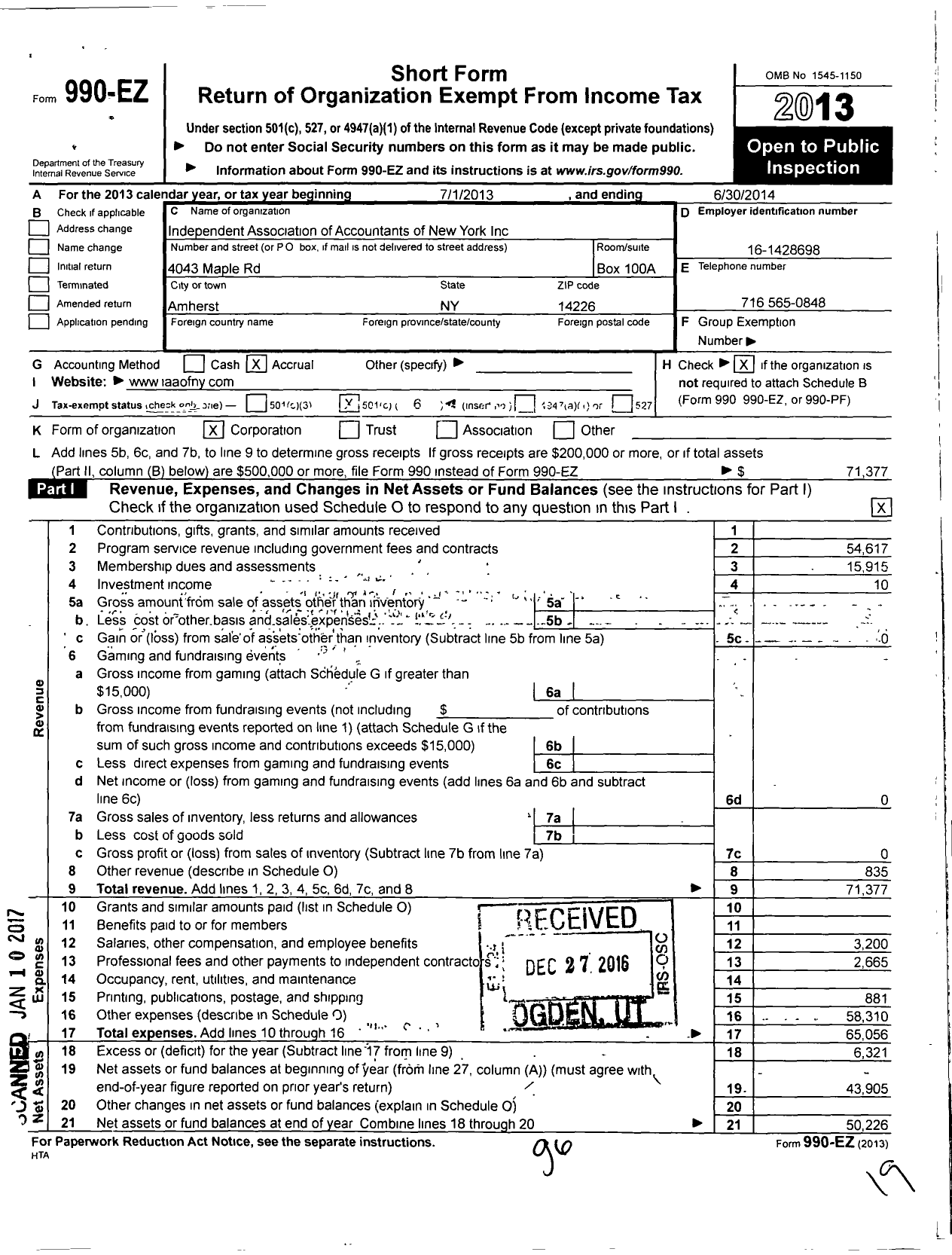 Image of first page of 2013 Form 990EO for Independent Association of Accountants of New York