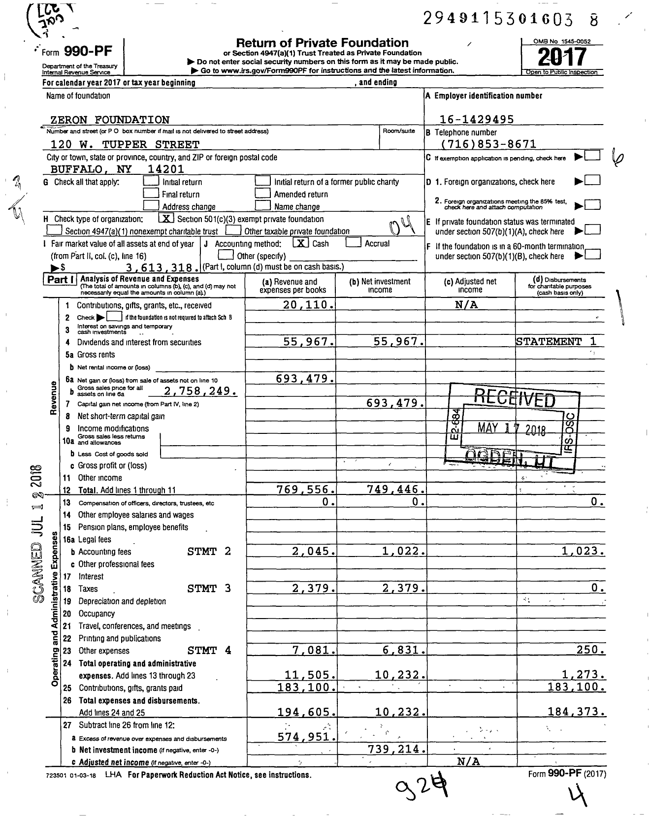 Image of first page of 2017 Form 990PF for Zeron Foundation