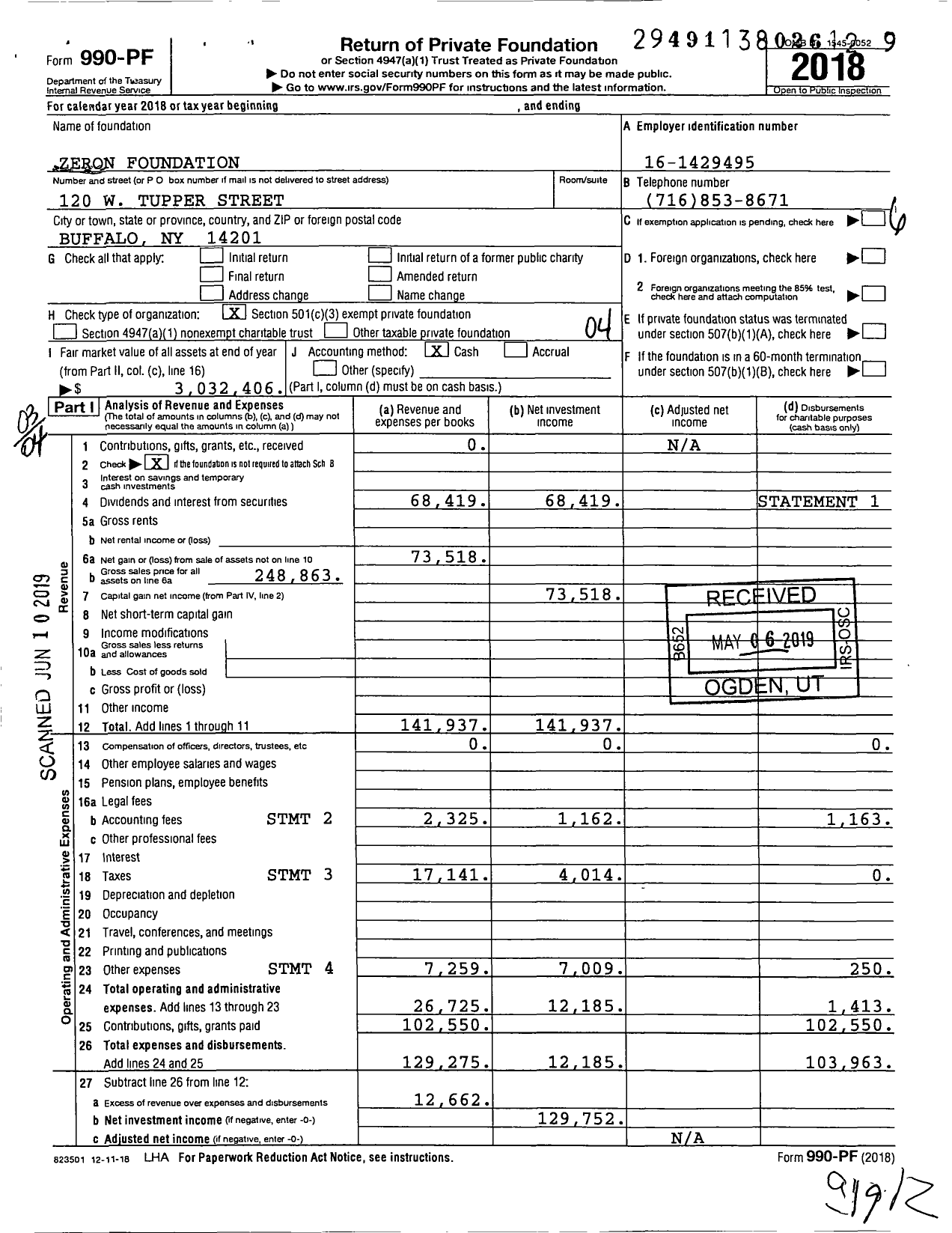 Image of first page of 2018 Form 990PF for Zeron Foundation