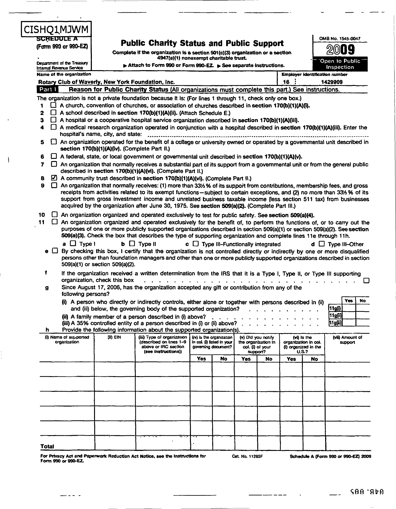 Image of first page of 2009 Form 990ER for Rotary Club of Waverly New York Foundation