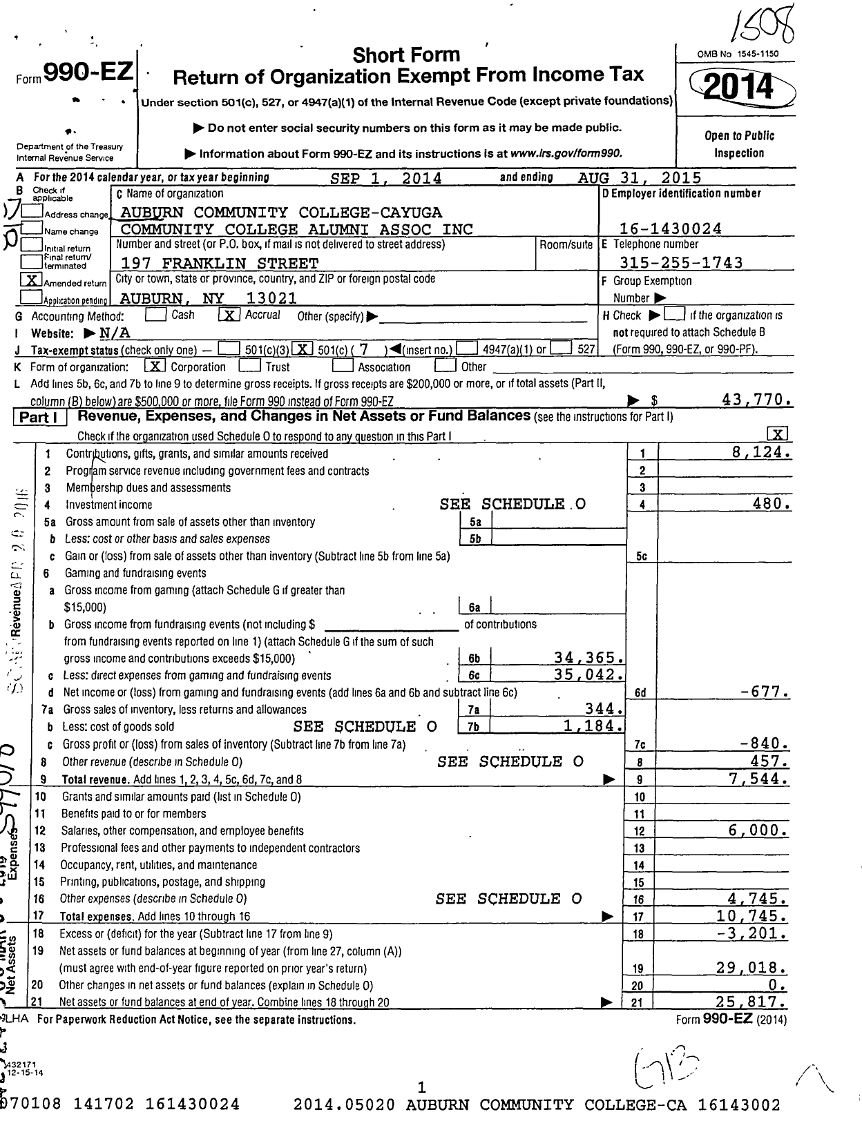 Image of first page of 2014 Form 990EO for Auburn Community College-Cayuga Community College Alumni Association