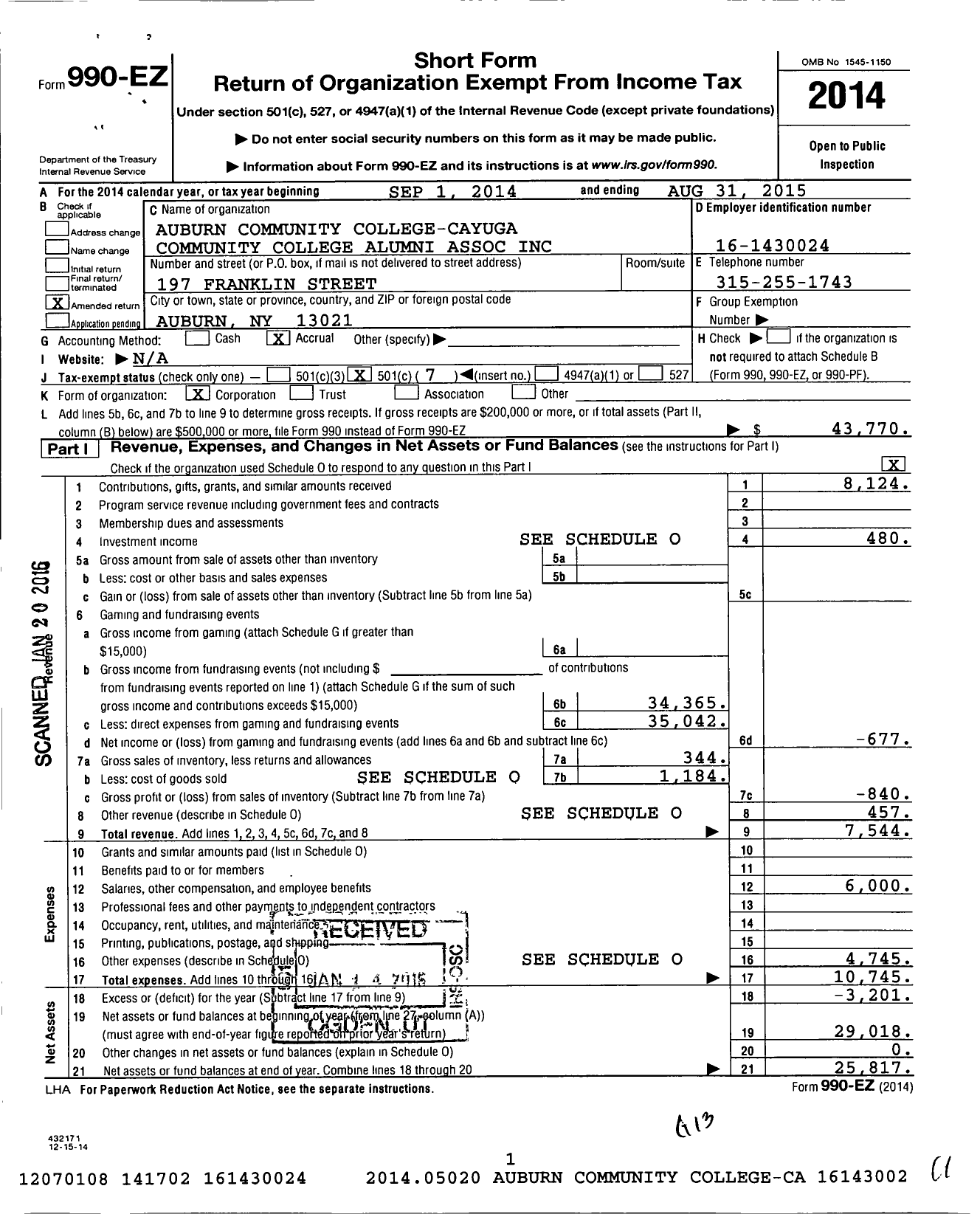 Image of first page of 2014 Form 990EO for Auburn Community College-Cayuga Community College Alumni Association