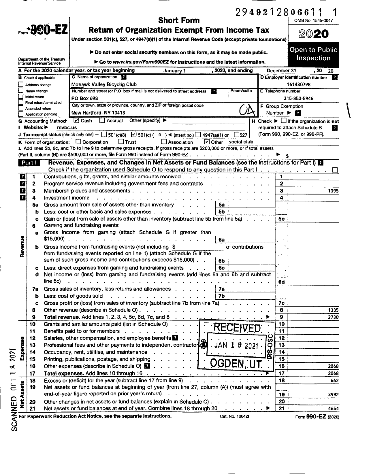 Image of first page of 2020 Form 990EO for Mohawk Valley Bicycling Club