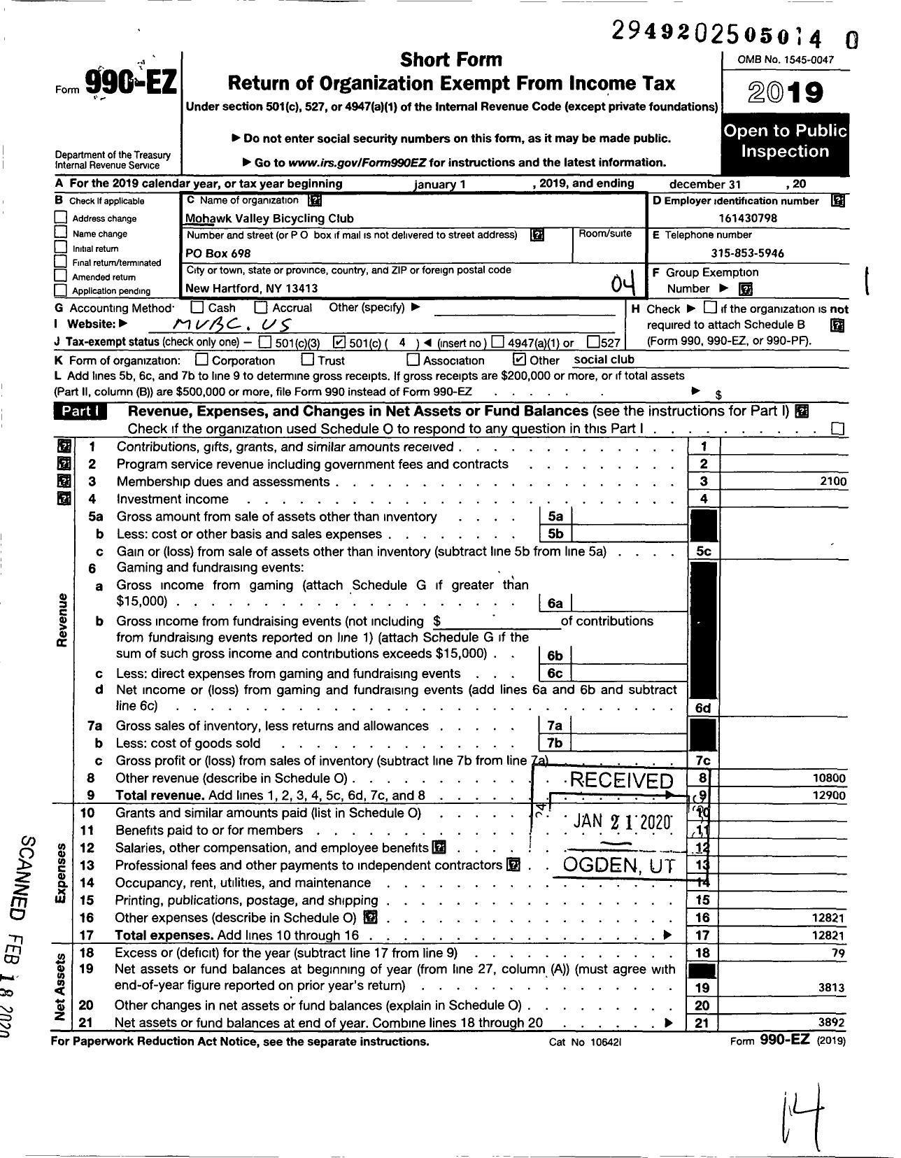 Image of first page of 2019 Form 990EO for Mohawk Valley Bicycling Club