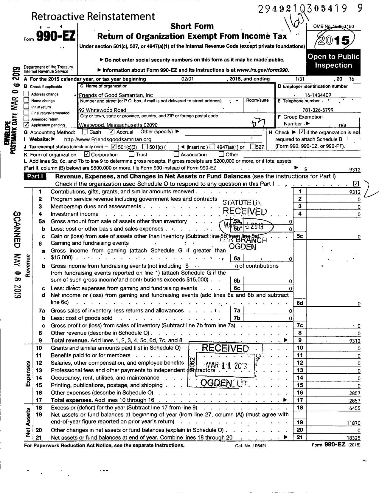 Image of first page of 2015 Form 990EZ for Friends of Good Samaritan