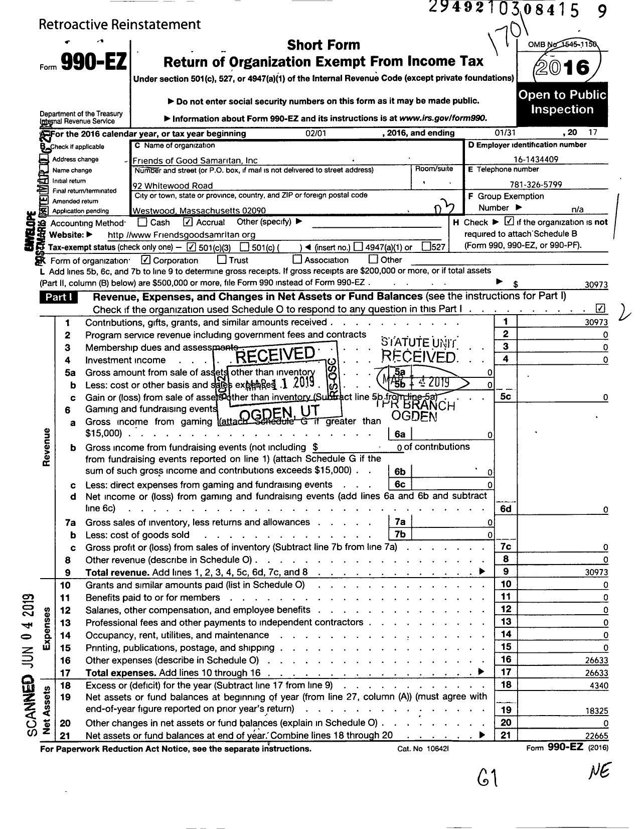 Image of first page of 2016 Form 990EZ for Friends of Good Samaritan