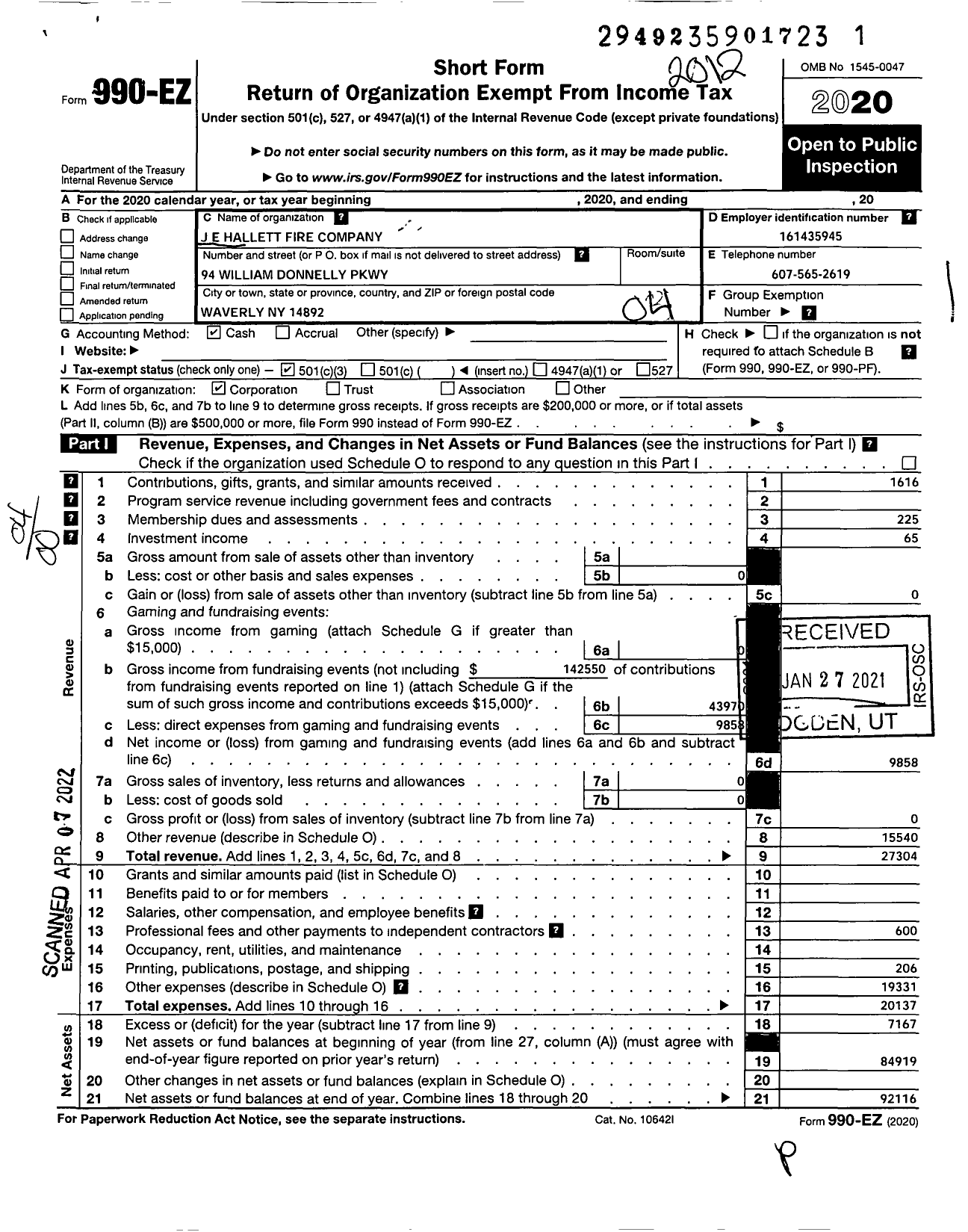 Image of first page of 2020 Form 990EO for Je Hallett Volunteer Fire Company #1