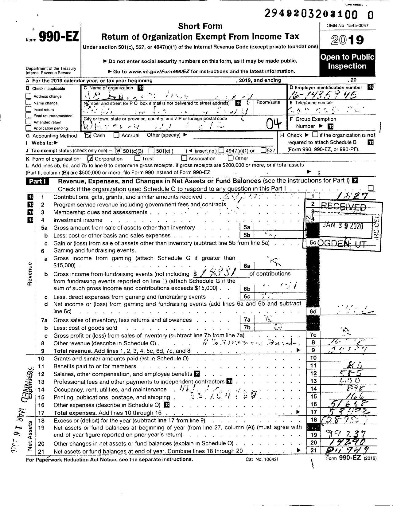 Image of first page of 2019 Form 990EO for Je Hallett Volunteer Fire Company #1