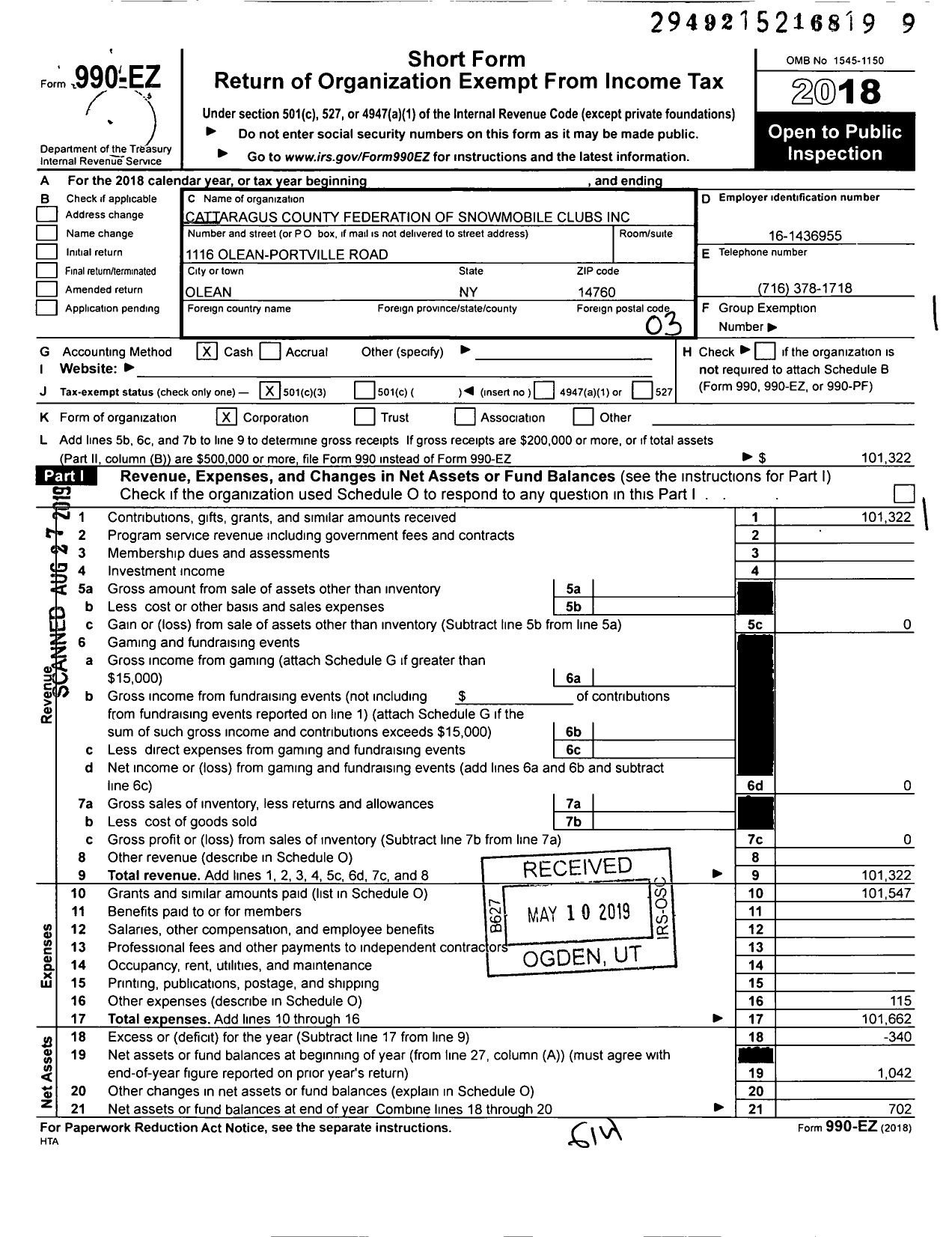 Image of first page of 2018 Form 990EZ for Cattaraugus County Federation of Snowmobile Clubs