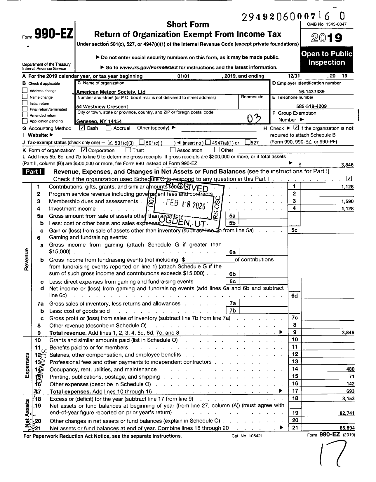 Image of first page of 2019 Form 990EZ for American Meteor Society