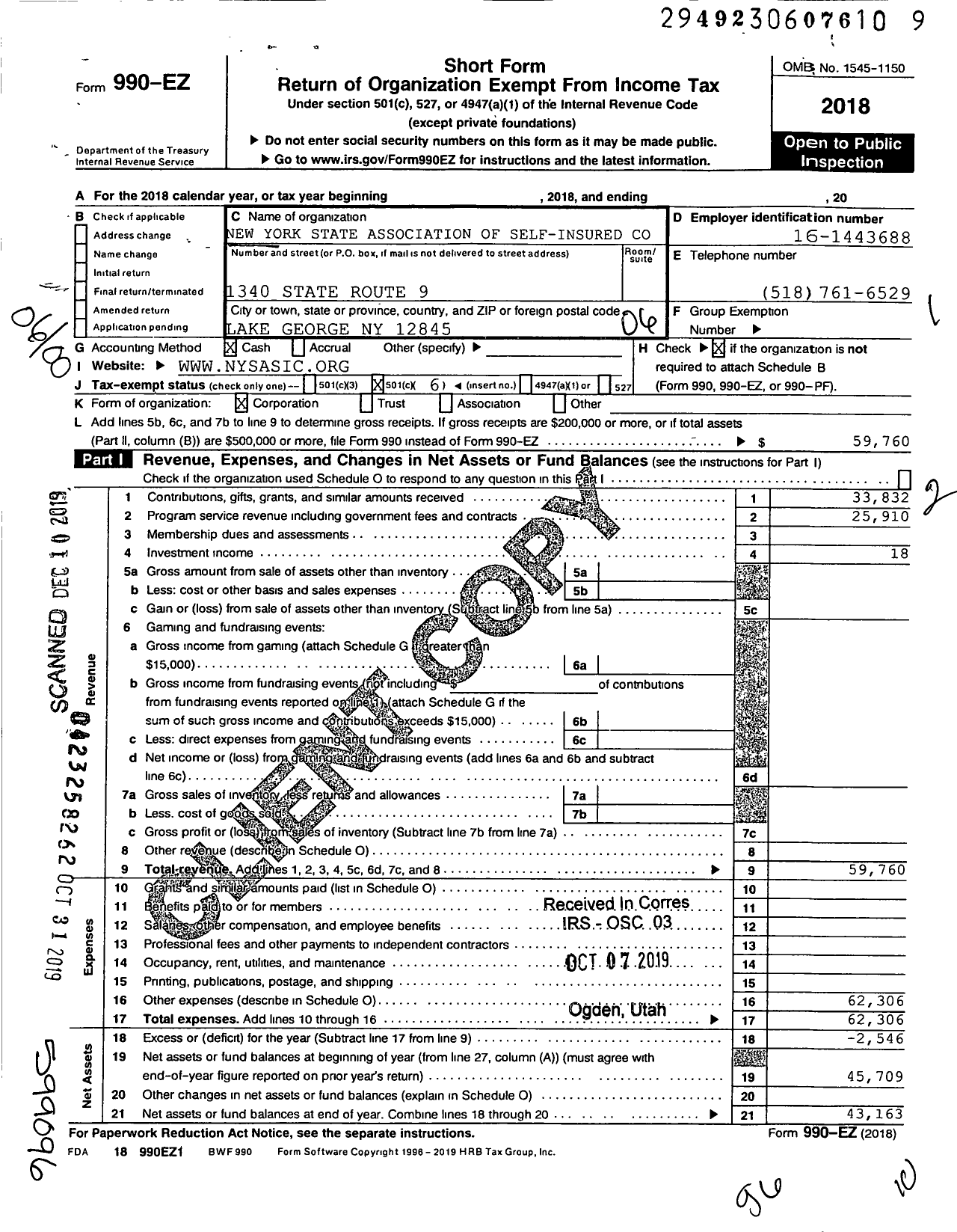 Image of first page of 2018 Form 990EO for New York State Association of Self-Insured Counties