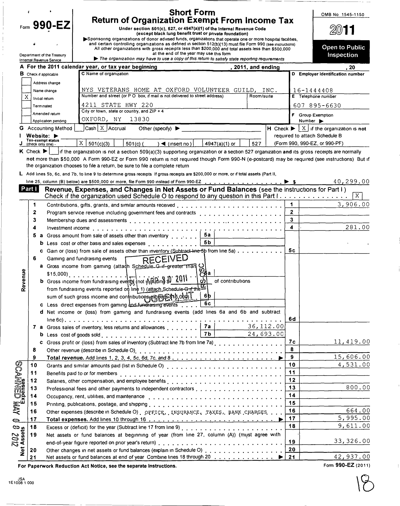 Image of first page of 2011 Form 990EZ for New York State Veterans Home at Oxford Volunteer Guild