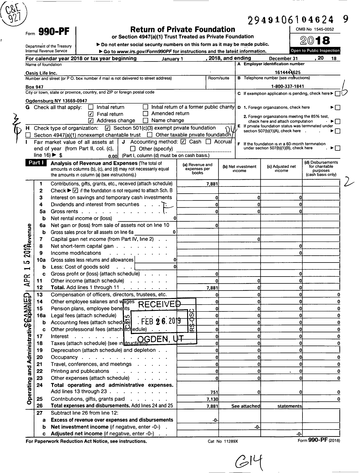 Image of first page of 2018 Form 990PF for Oasis Life