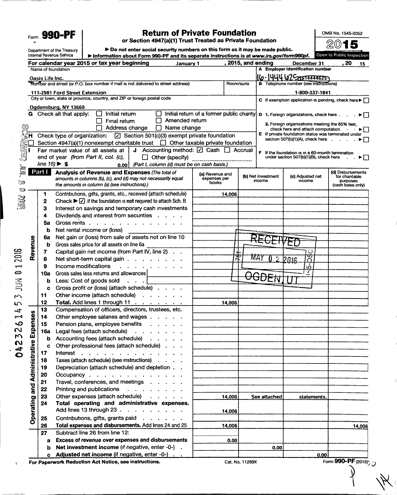 Image of first page of 2015 Form 990PF for Oasis Life