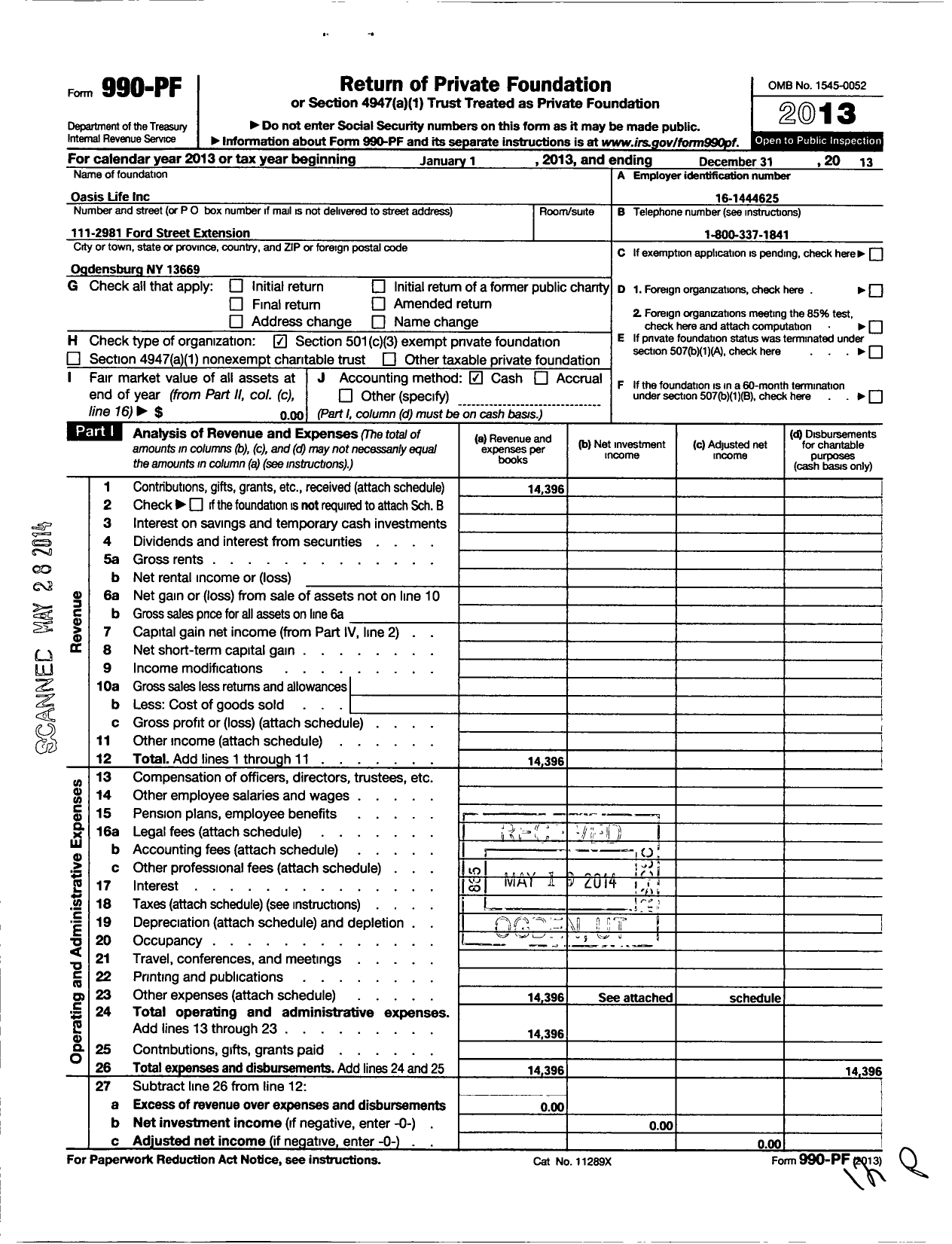 Image of first page of 2013 Form 990PF for Oasis Life