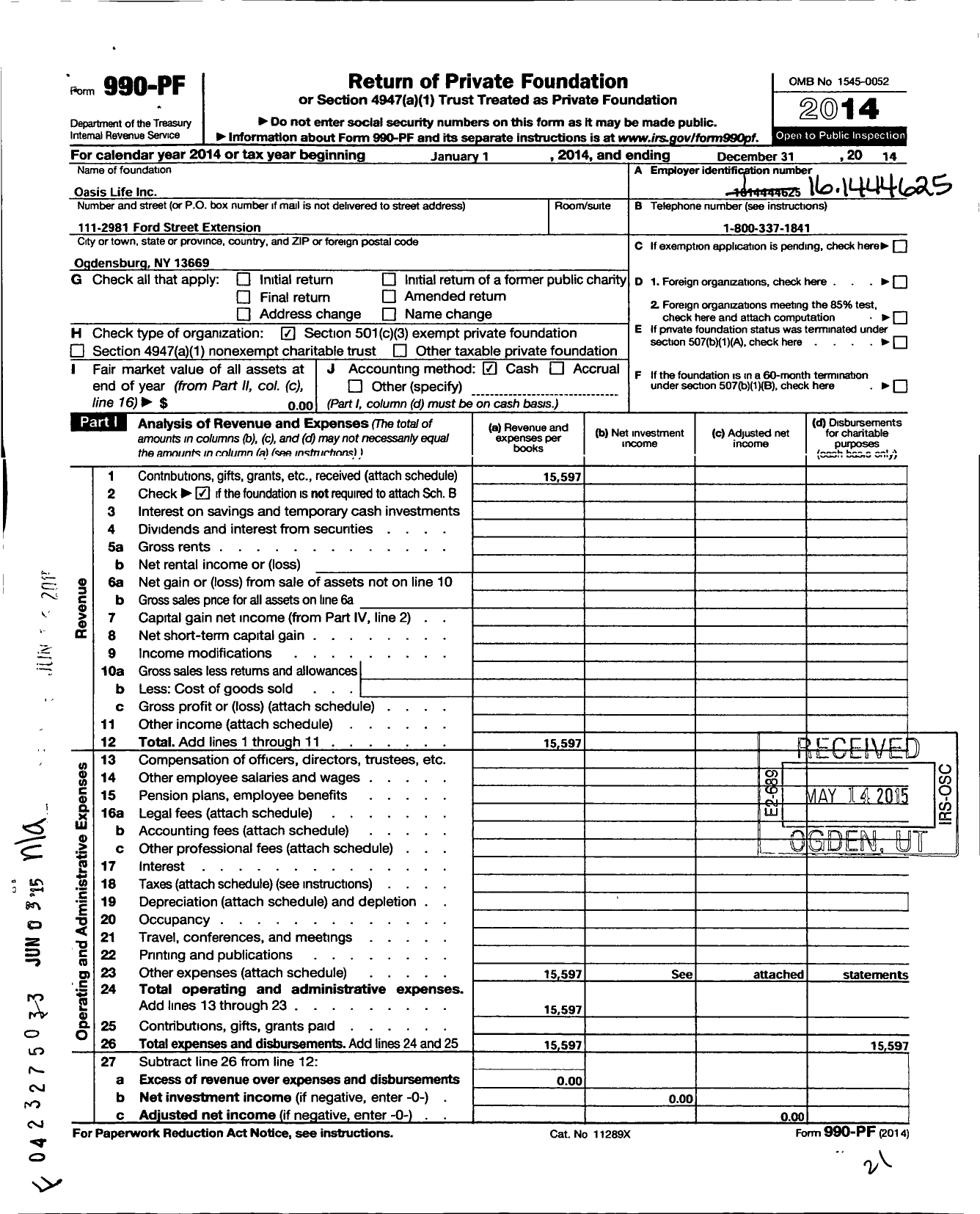 Image of first page of 2014 Form 990PF for Oasis Life