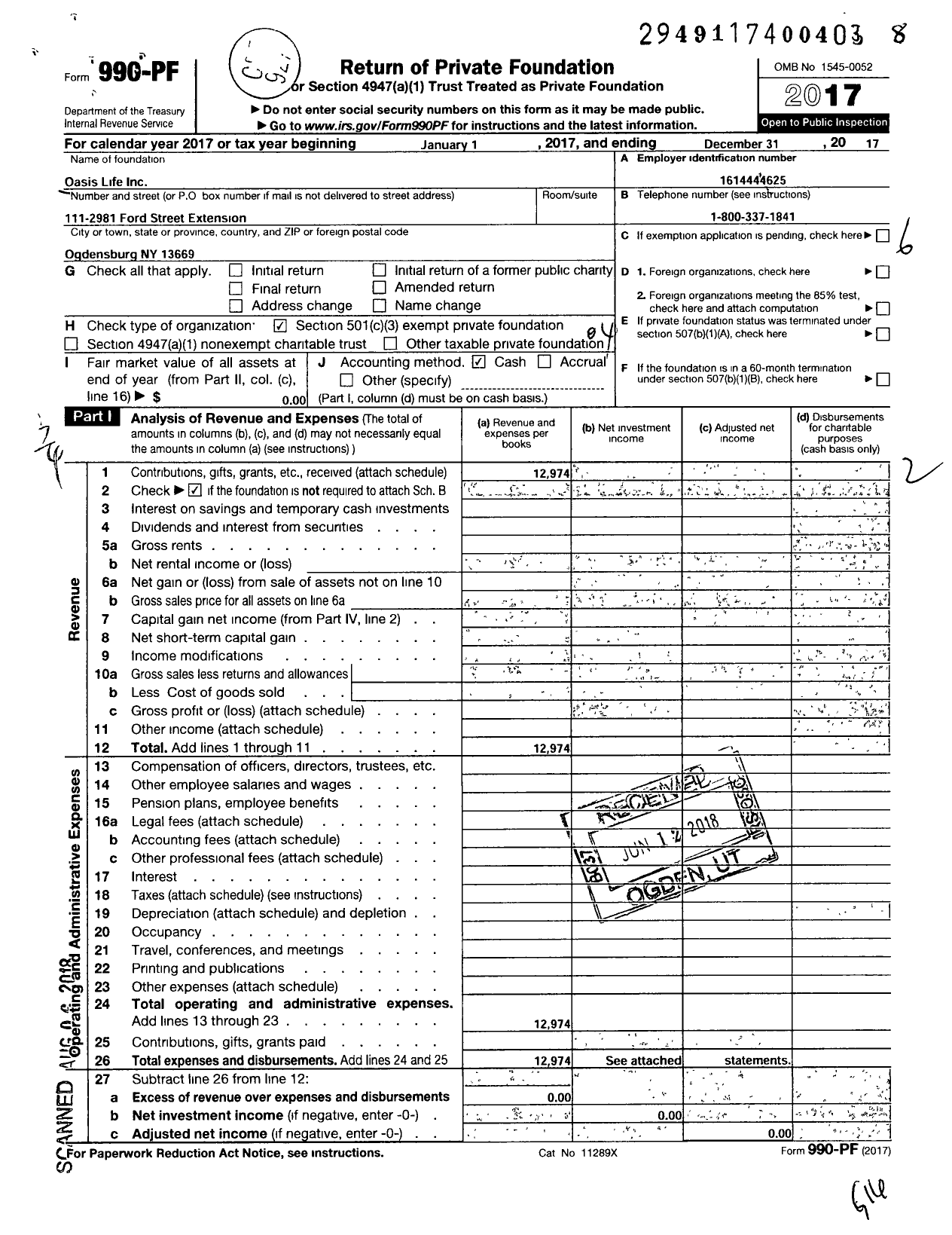 Image of first page of 2017 Form 990PF for Oasis Life