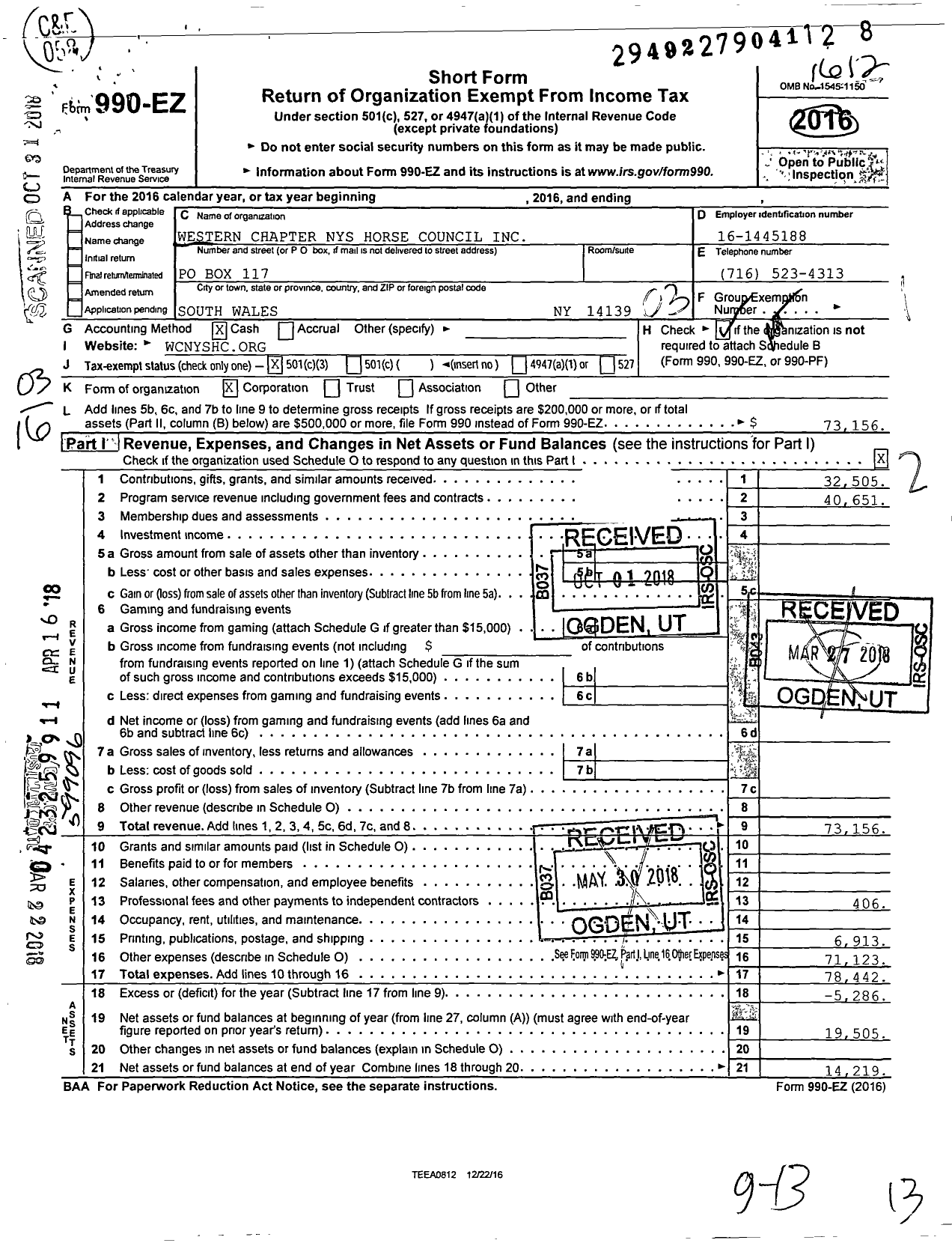 Image of first page of 2016 Form 990EZ for Western Chapter New York State Horse Council