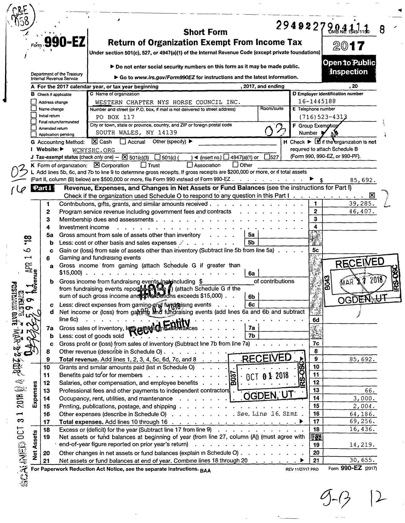Image of first page of 2017 Form 990EZ for Western Chapter New York State Horse Council