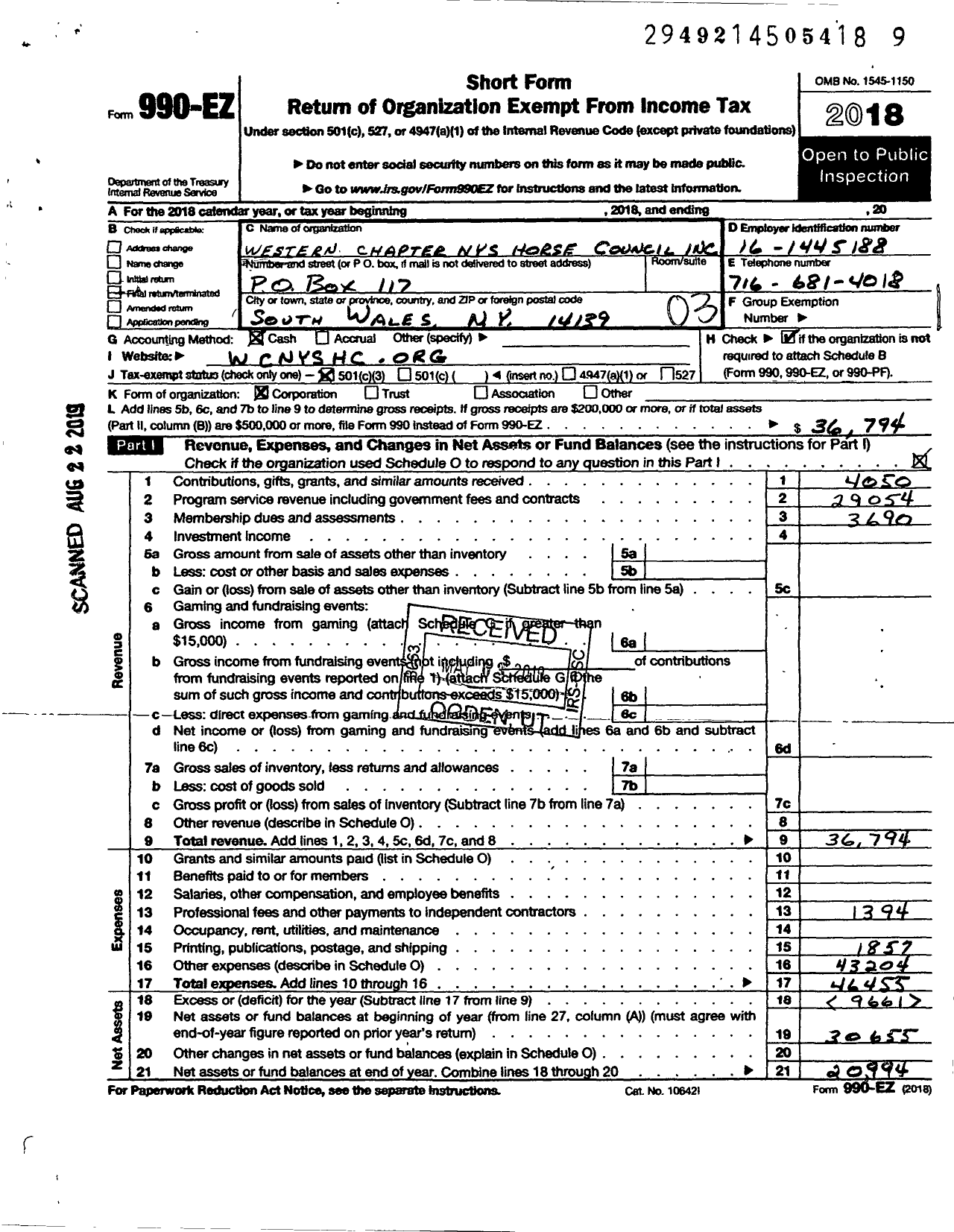 Image of first page of 2018 Form 990EZ for Western Chapter New York State Horse Council