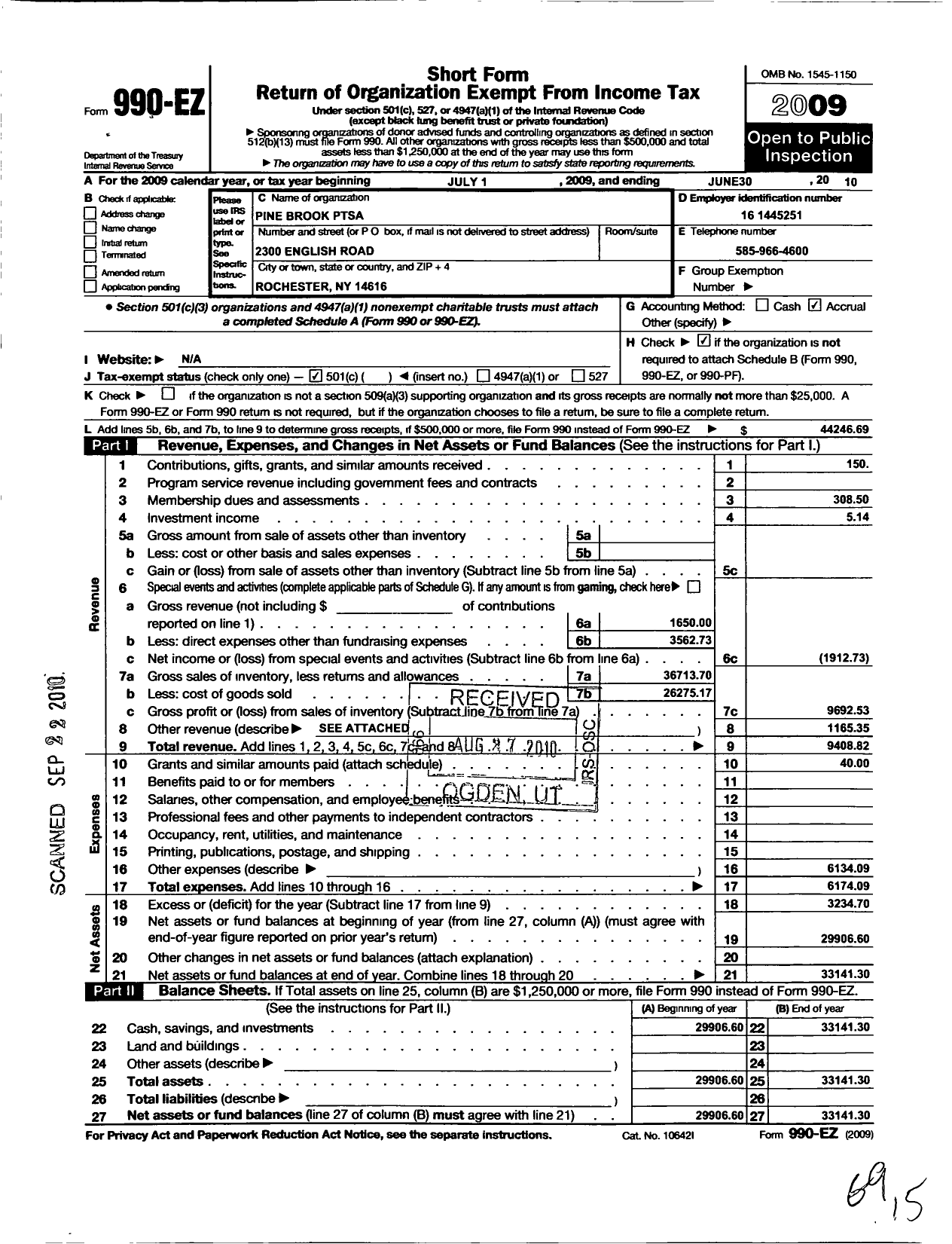 Image of first page of 2009 Form 990EO for New York State PTA - 07-272 Pinebrook Ptsa